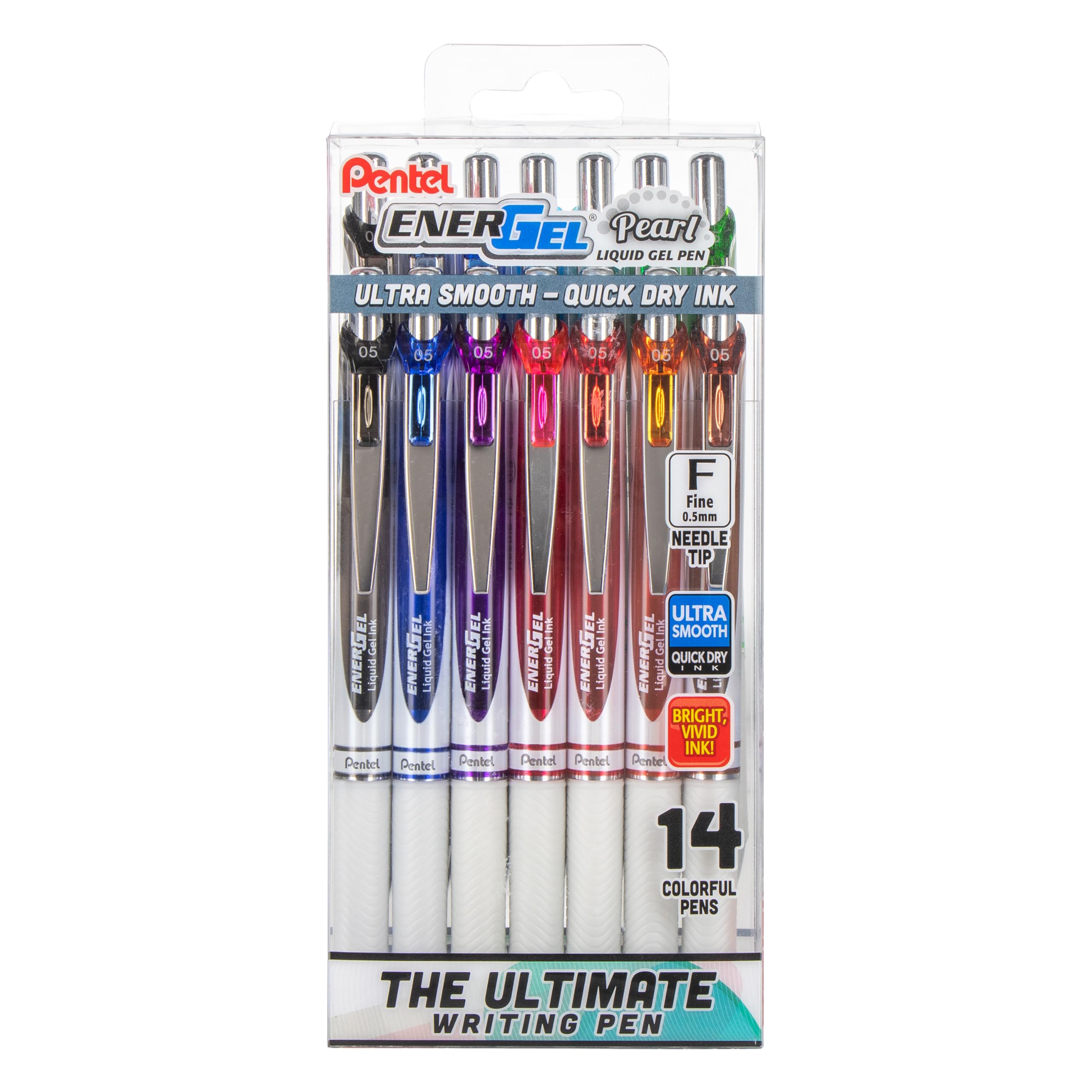 EnerGel RTX Pearl Liquid Gel Pen, (0.5mm) Needle Tip, Fine Line, Asstd. Ink, 14-Pk Plastic Box