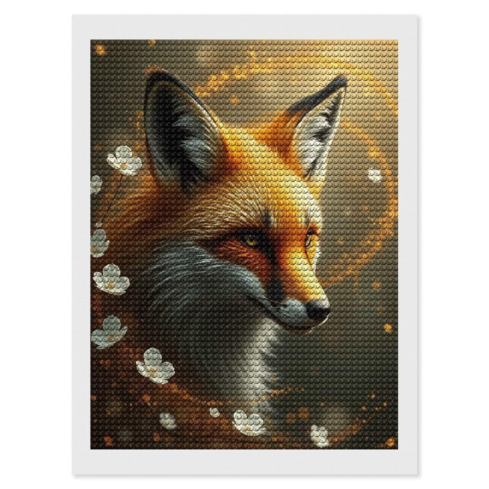 Junmoney Fox Portrait with Flowers DIY Diamond Art Canvas Kit 12"x16", for Teens, Finish and Display, Holiday Gift Idea, Vintage Style Decor