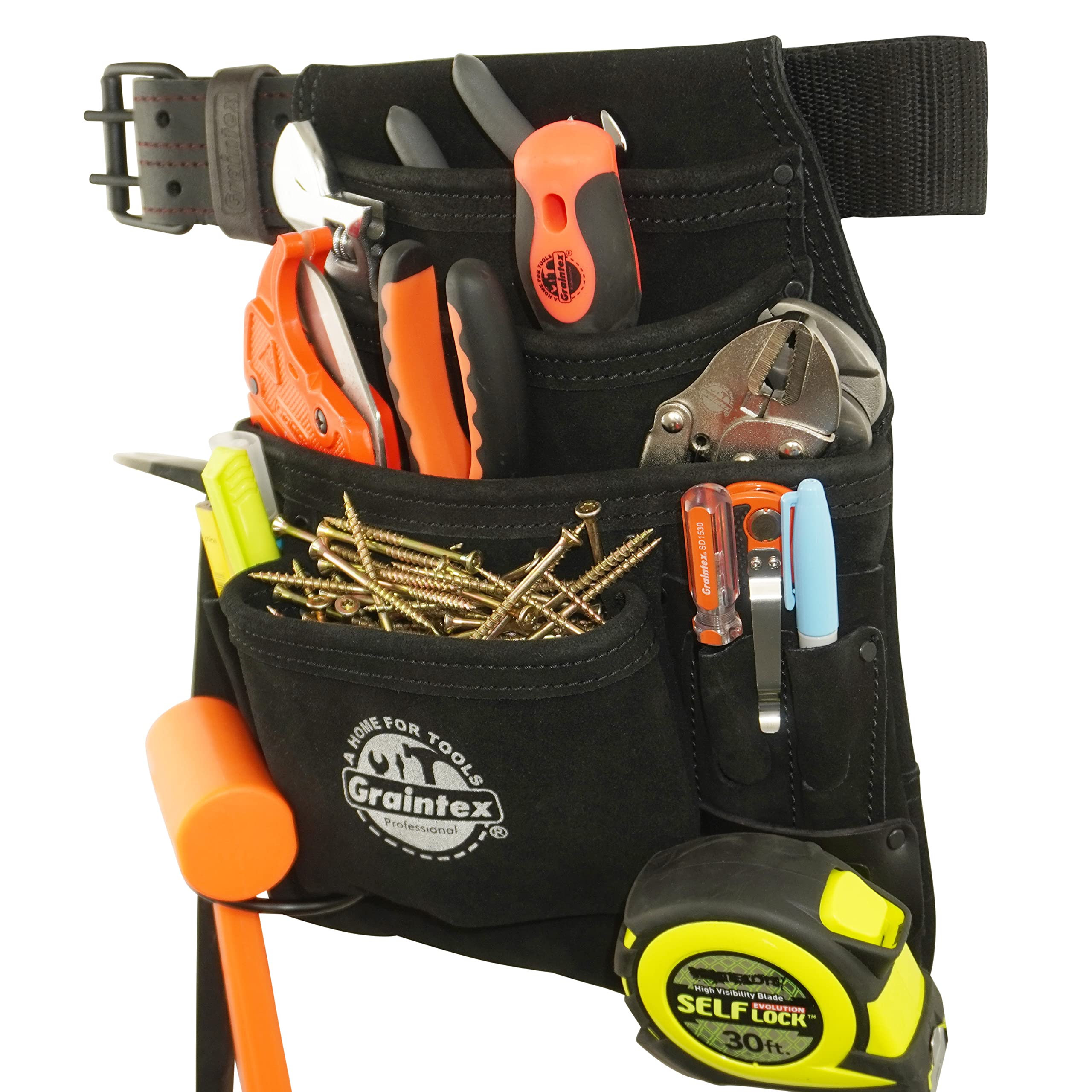 Graintex SS2680 - Bolsa de herramientas y clavos de 10 bolsillos, color negro, piel de ante de 2 pulgadas, cinturón de cincha para constructores, electricistas, fontaneros, manitas