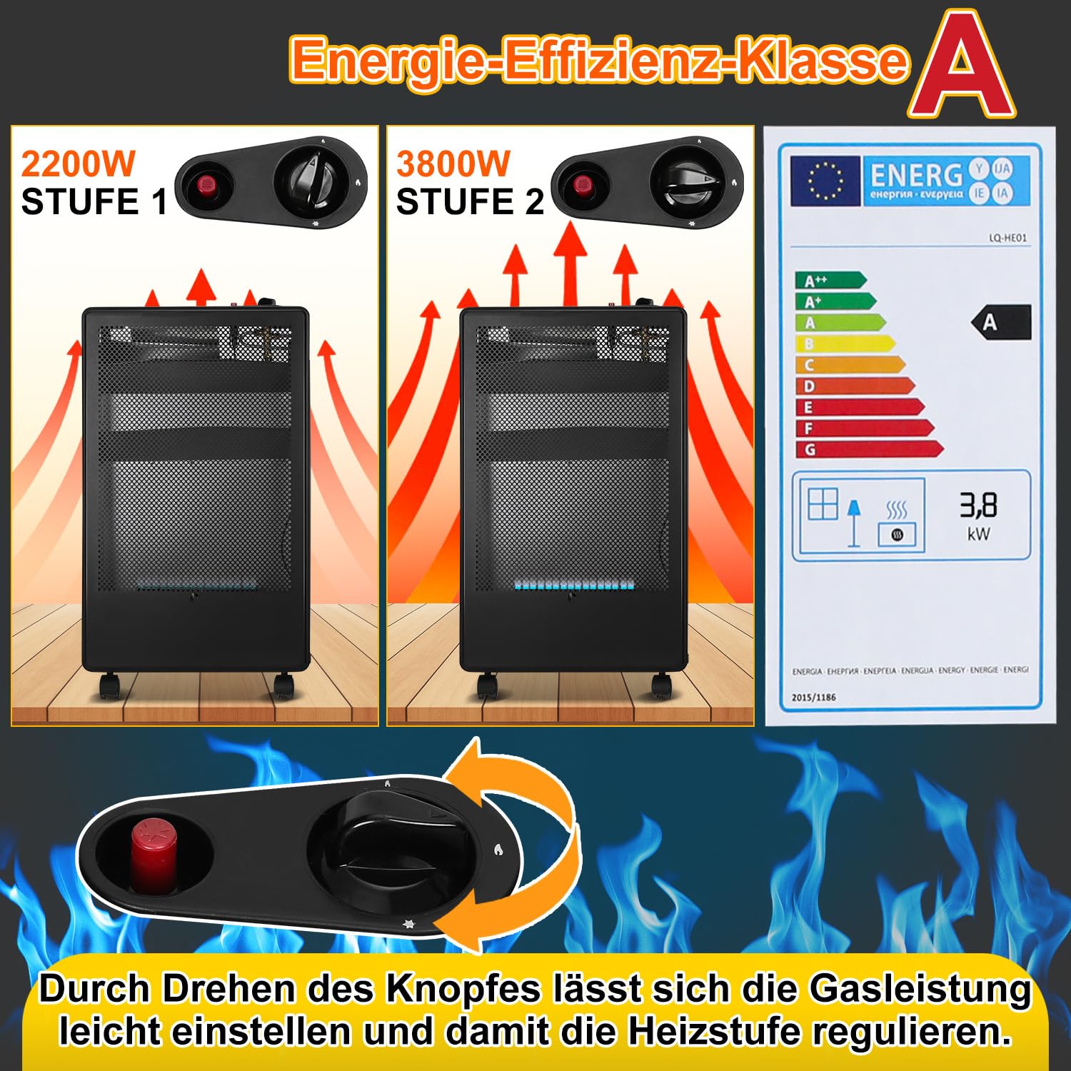 Gasheizer 3800 Watt Gas Heizstrahler inkl. Gasdruckregler Gasschlauch, Gasheizofen Gasheizgerät, Gasheizung für Innenräume, für Gasflaschen bis 15kg