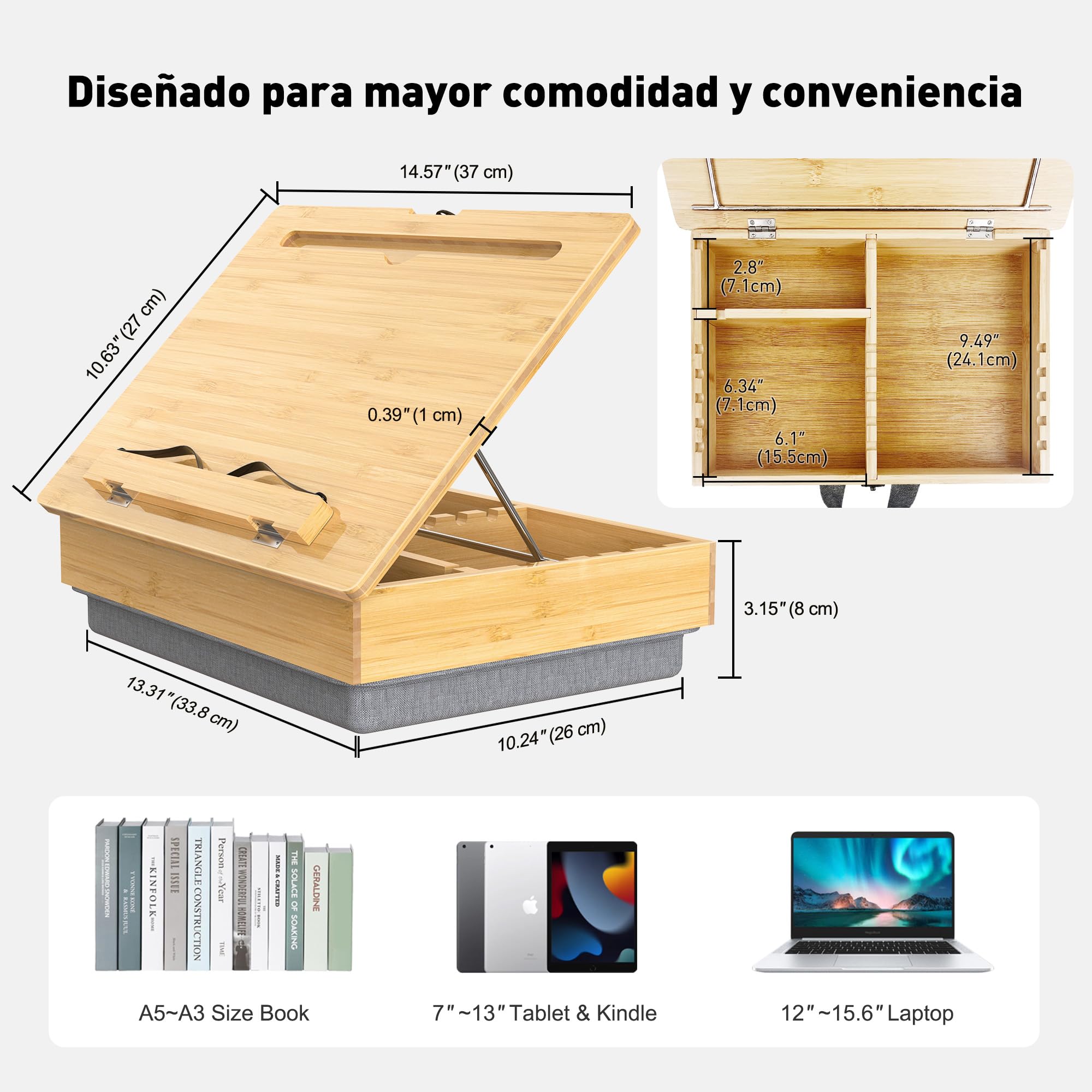 AboveTEK Atril de Lectura de Bambú con Cojín Suave, Soporte Ajustable para Libros y Tablet, Atril con Almacenamiento, Porta Recetas de Cocina, Soporte para Libros de Cama y Escritorio