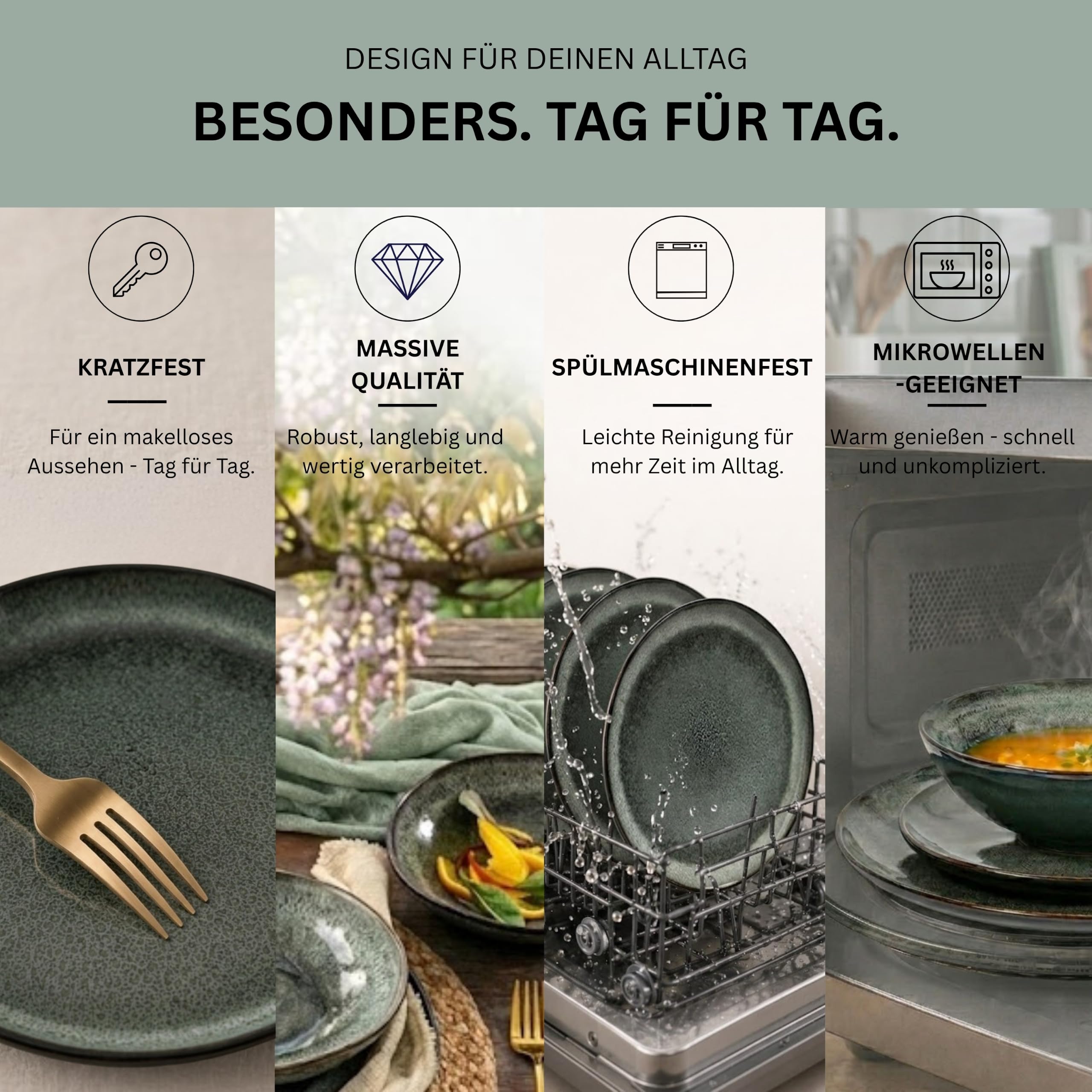 SÄNGER | Teller Set Kopenhagen 12 tlg, Steingut Geschirr Set 4 Personen, Tafelservice inkl. Essteller Frühstücksteller & Tiefe Teller, Speiseteller Set Spülmaschinenfest Grün Grau | PREMIUM COLLECTION