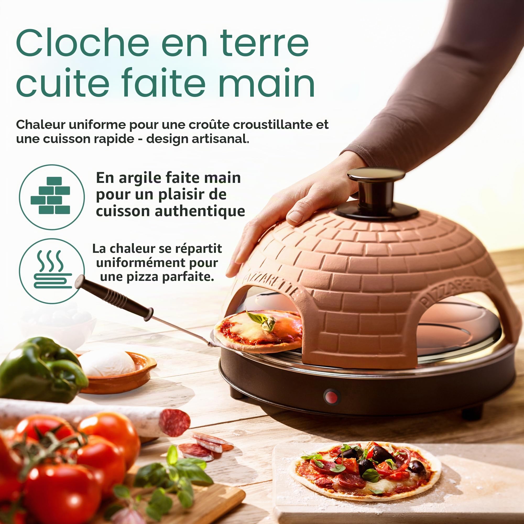 Emerio PO-115985 Four à pizza, couvercle en terre cuite, fait à la main, design breveté, pour mini pizza, véritable plaisir familial pour 4 personnes