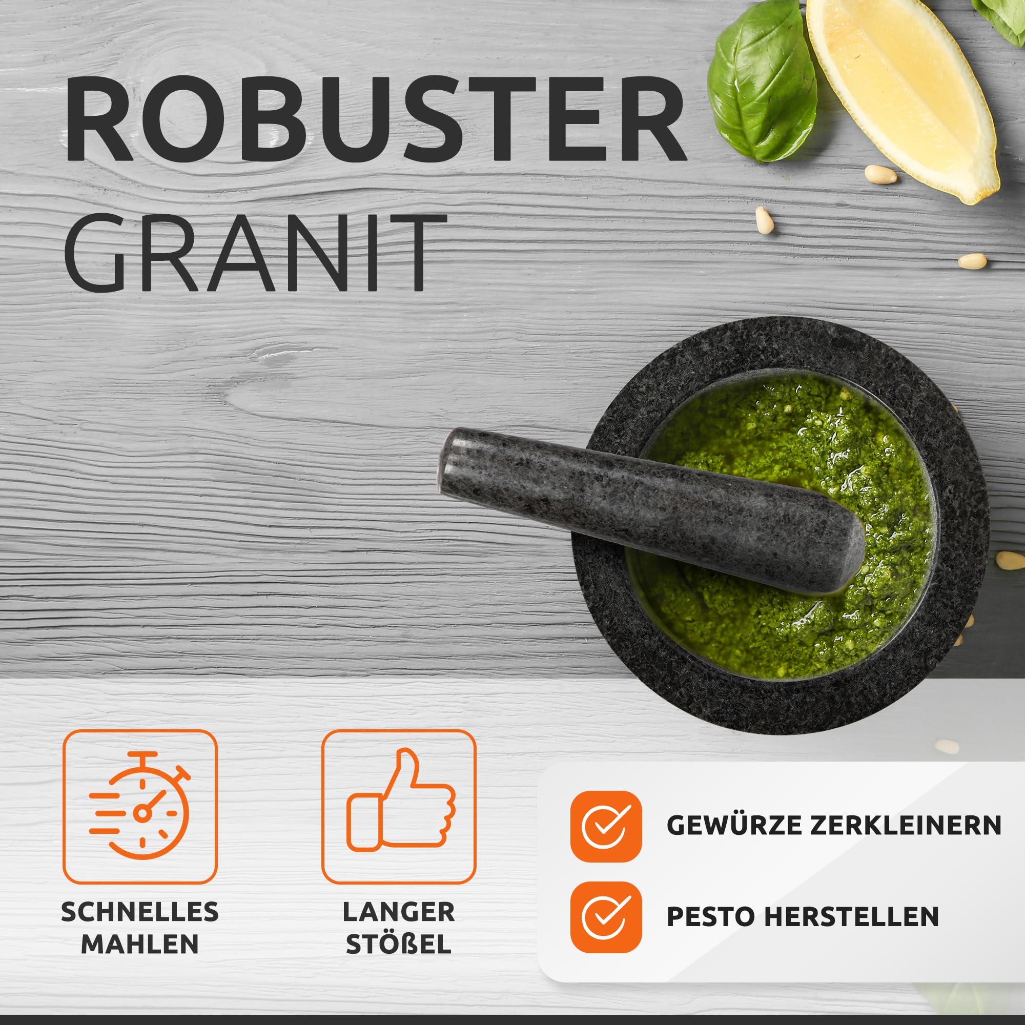 ECENCE Mörser mit Stößel aus Naturgranit und Akazienholz-Sockel Ø15,5cm | Hochwertiger massiver Steinmörser für Kräuter & Gewürze - Mortar and Pestle