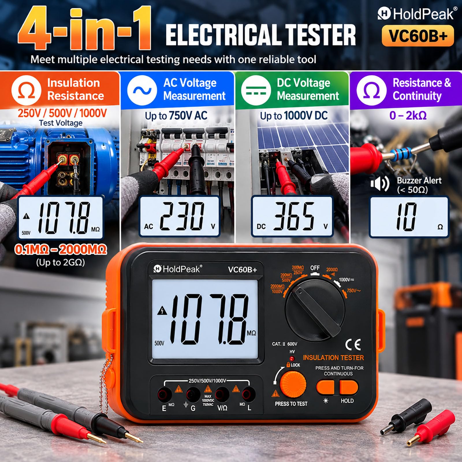 2000MΩ Insulation Resistance Tester, 250V/500V/1000V Megohmmeter — Amazon image 2