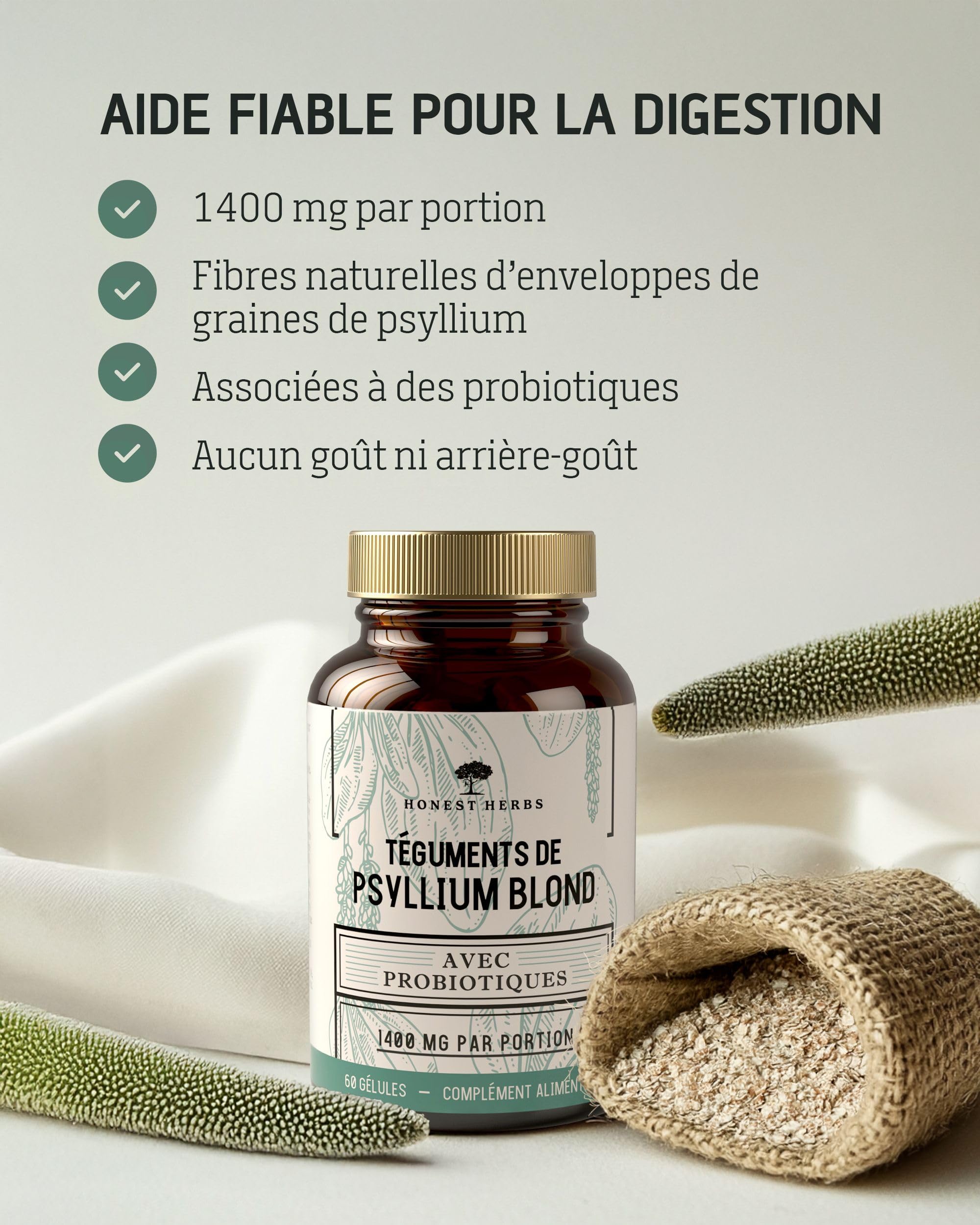 Psyllium Blond avec Probiotiques 1400 mg - Téguments purs à 99% - 60 gélules - Transit, Digestion, Fonction Intestinale - Fibres alimentaires avec Psyllium Husk & Complexe - Probiotique 6 Milliards