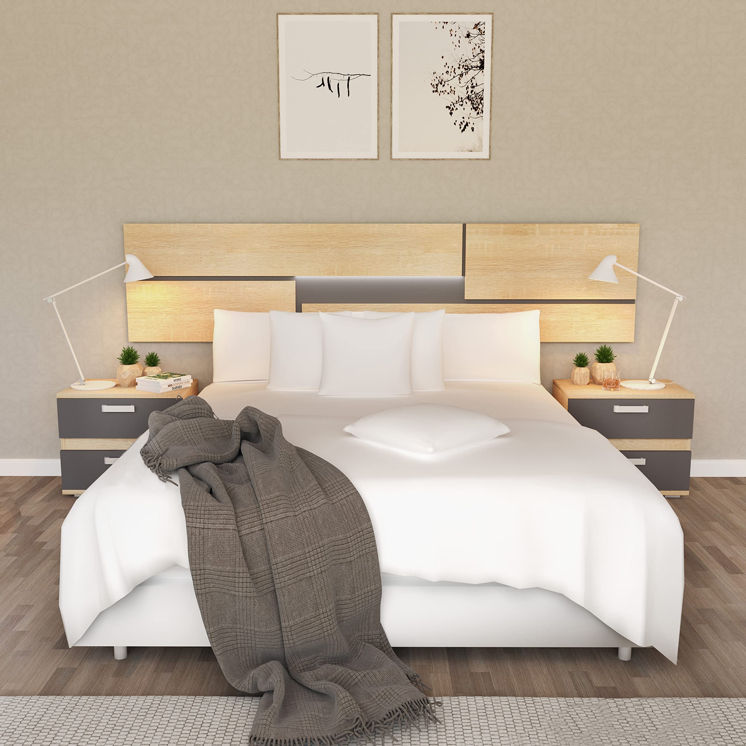 duehome Pack de Dormitorio con Cabecero + 2 mesitas de Noche + Comoda y Espejo, Conjunto de Dormitorio, Dormitorio Completo, Modelo Ataneq Pure 4c, Acabado en Cambria y Grafito, Grande