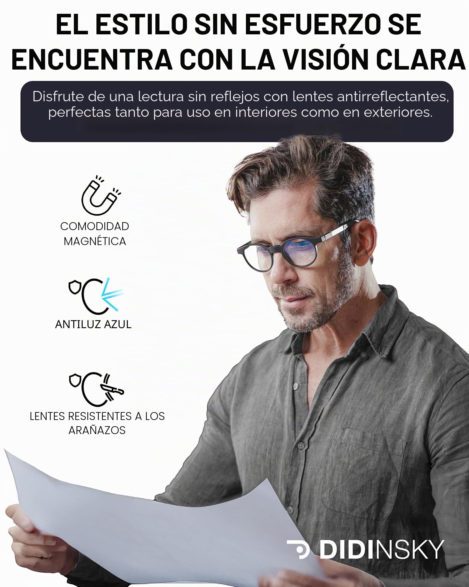 DIDINSKY Krik Flex Gafas de Lectura Magnéticas Plegables, Filtro Luz Azul | Magnéticas y plegables · Para leer de cerca · Filtro de luz azul · Aumento +1.0 a +3.0 · Incluye funda