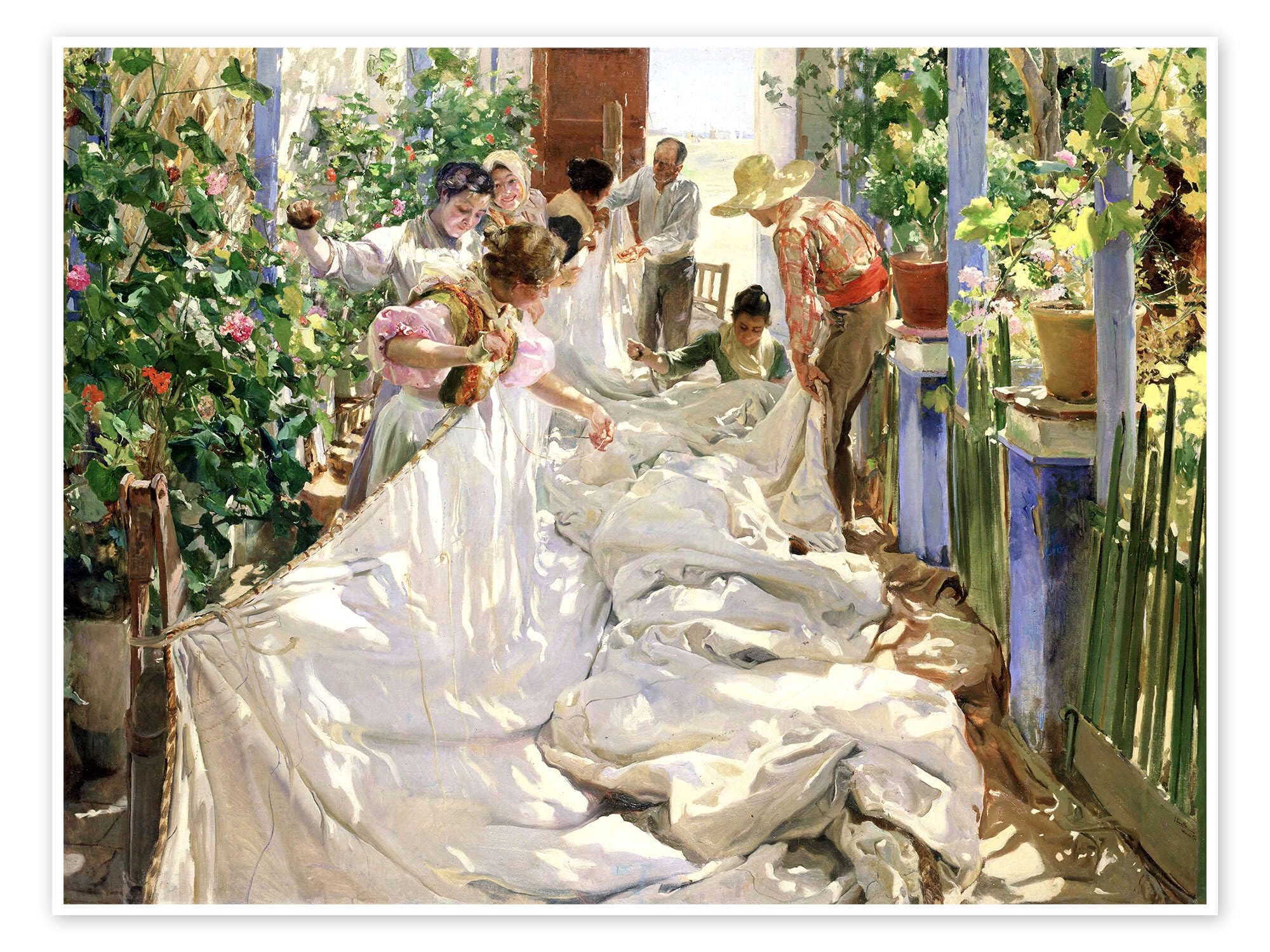 Posterlounge Cosiendo la vela Póster | 130 x 100 cm de Joaquín Sorolla y Bastida Cuadros Decoración para la pared