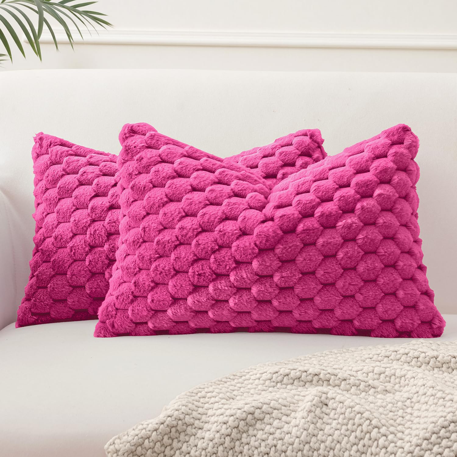 MIULEE Hot Pink Faux Fur Lumbar Decorative Throw Pillow Covers 12x20 Inch Set of 2 Super Soft Cozy