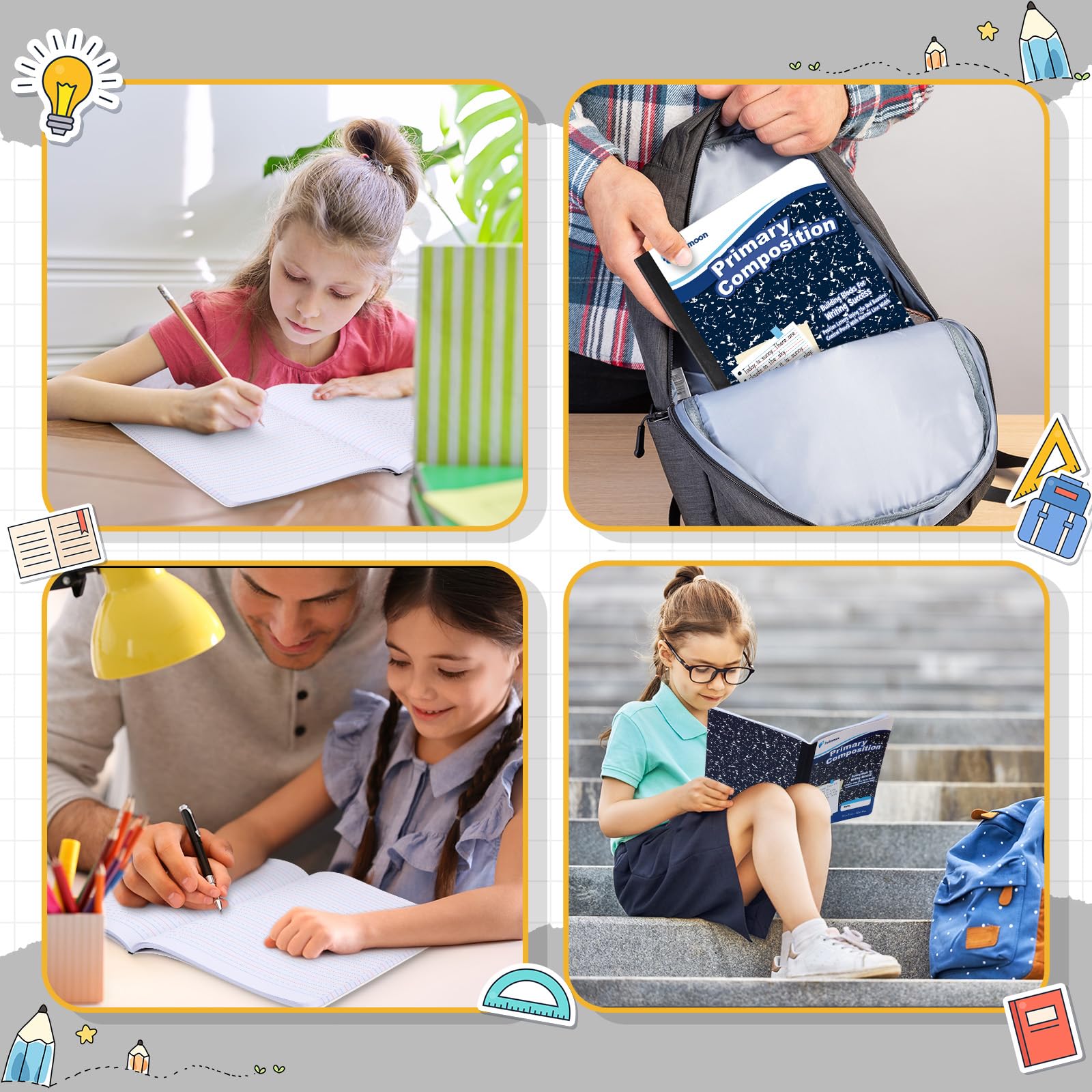 Fulmoon 24 quaderni per composizione primaria, 24 x 19,5 cm, 80 pagine, K-2, a righe, per scrittura primaria, libro di composizione per bambini, asilo, scuola materna, 1° 2° grado (colore blu)