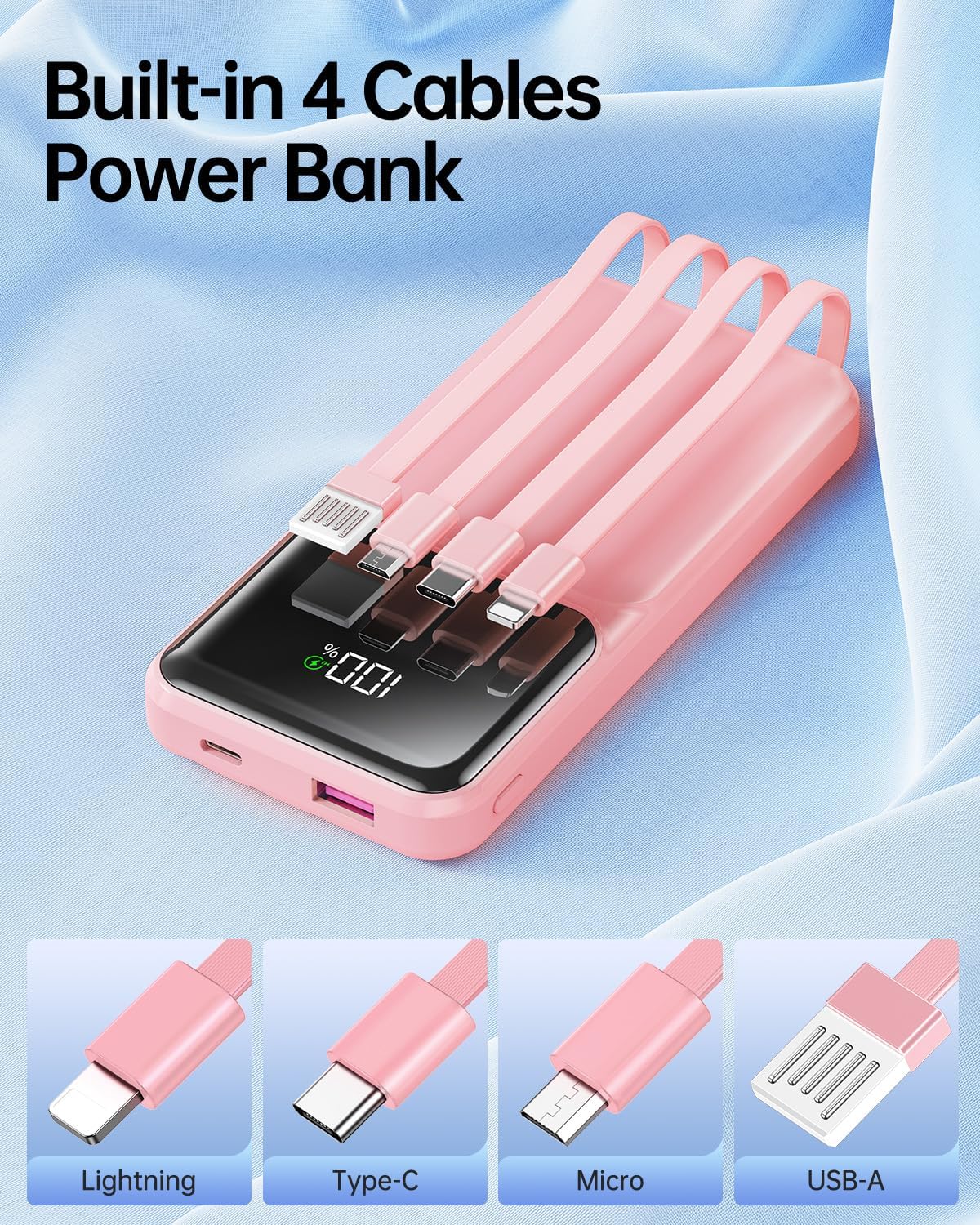 Cargador portátil con cable integrado, batería externa de carga rápida de 22,5 W, USB C, 10000 mAh, pantalla LED, paquete de batería de viaje, 5 salidas y 3 entradas para iPhone, Samsung, Android