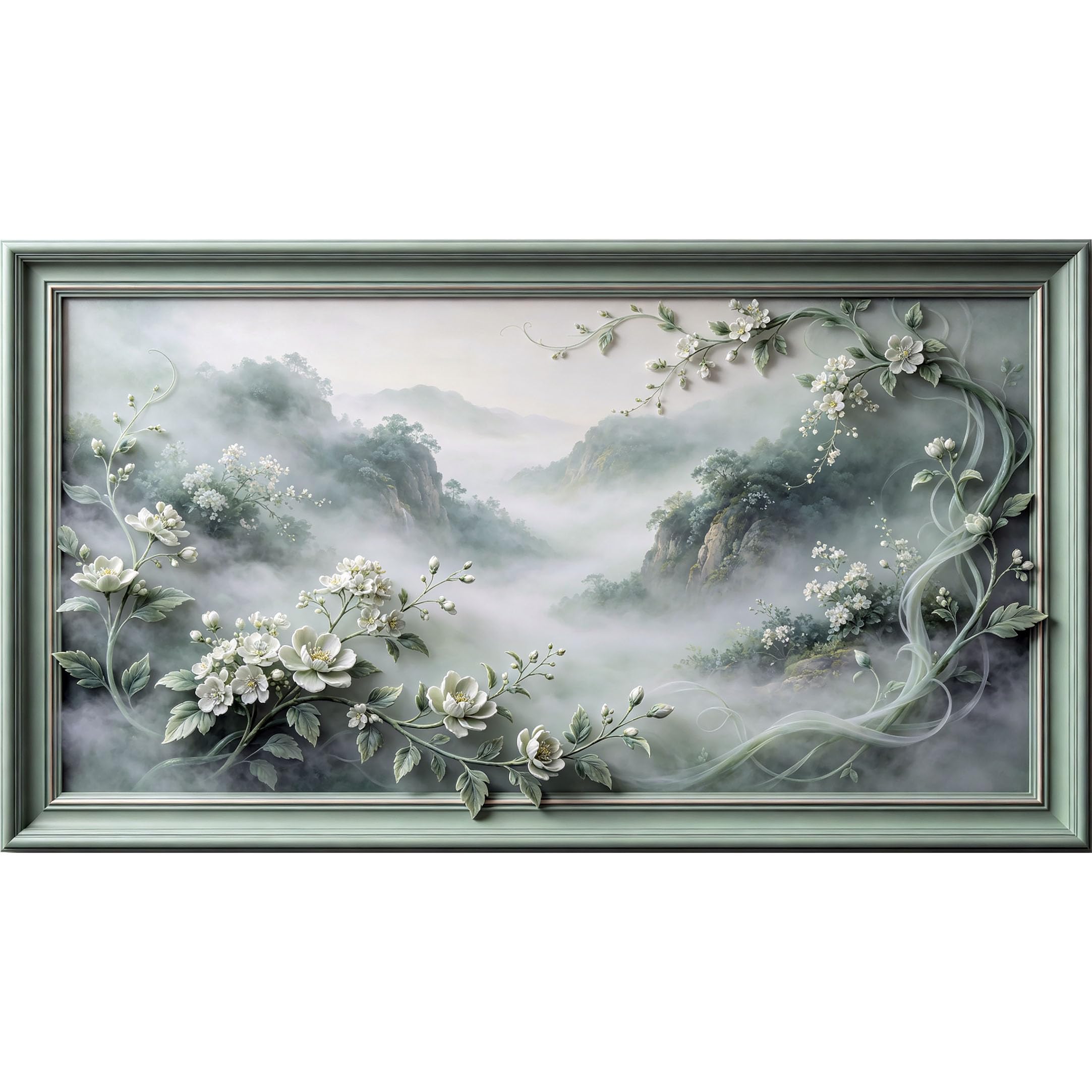 QZLITHOTIC 50×90cm3D Framed Wall Art， Misty Mountain Botanical Floral SelfAdhesive Mural， WaterActivated Peel & Stick Fabric Decor Wall Decal for Bedroom Living Room