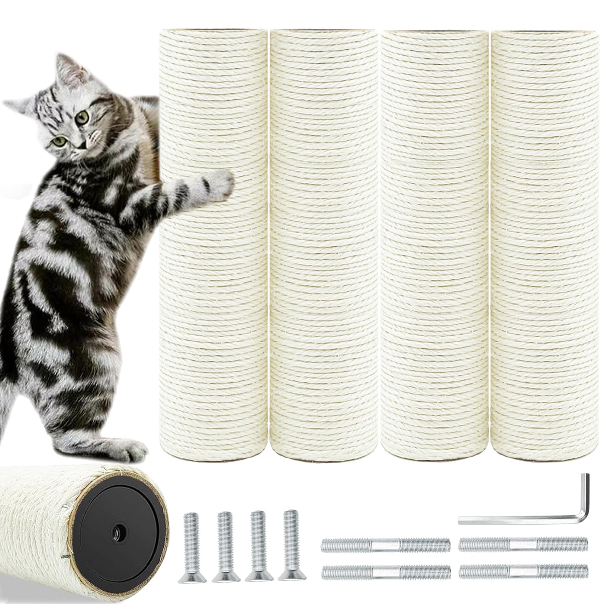 SIYIPURR 4 PCS Cat Scratching Post Replacement, 15.7in M8 Sisal Cat Tree Replacement Posts with Screws, Natural Sisal Refill Poles for Indoor Cat Tree Repair
