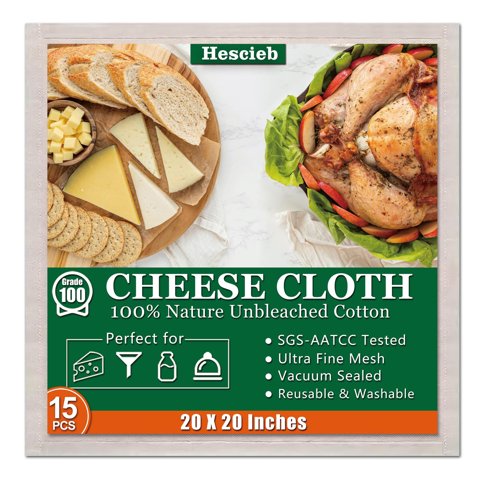 15 Pcs Cheese Cloths, SGS Tested 100% Unbleached Cotton, 20x20 Inch Grade 100 Reusable Cheese Cloth With Ultra-Fine Mesh, Reusable Muslin Cheesecloth for Straining,Juicing,Cooking Turkey, Baking