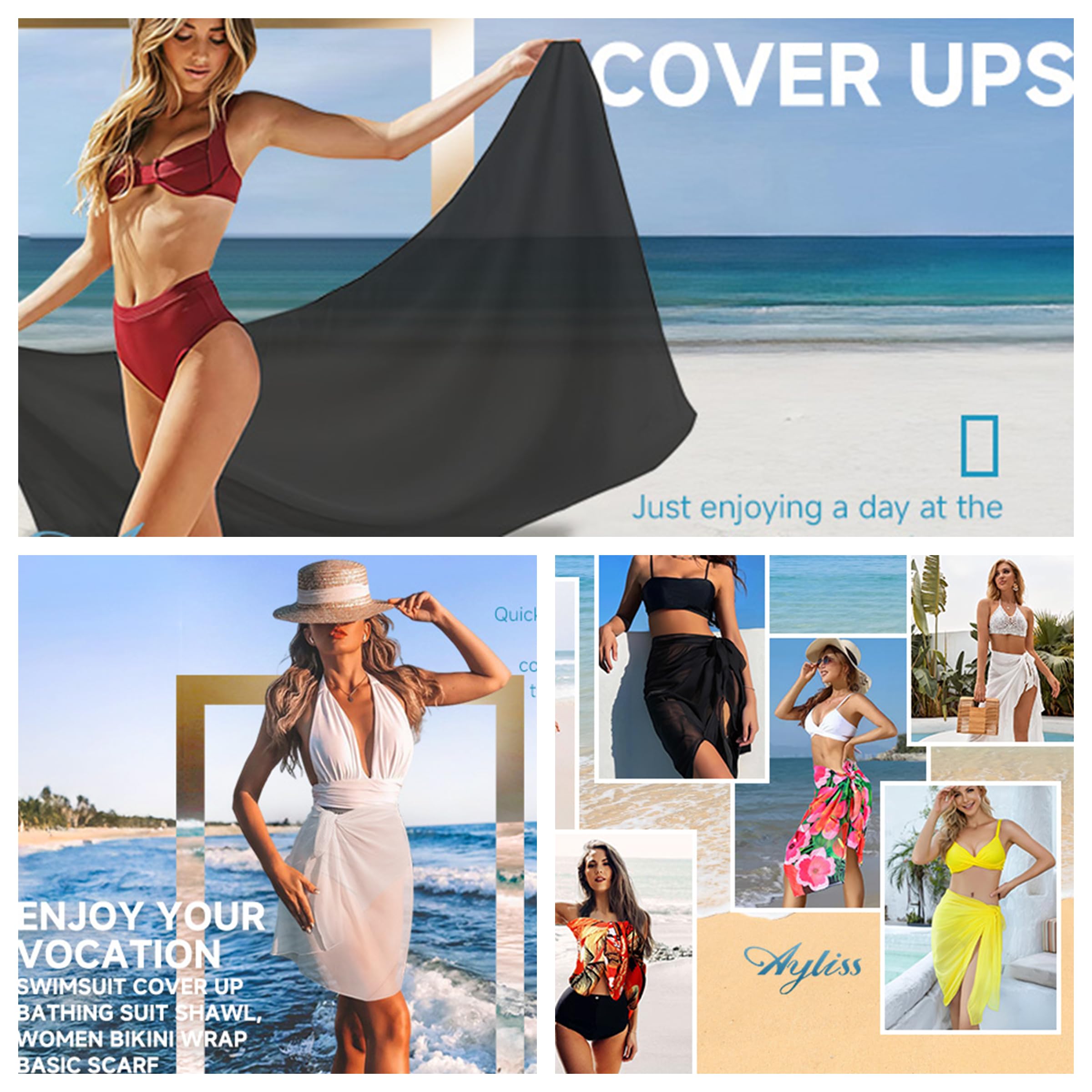 Pareo de playa tipo sarong de chifón de color sólido para cubrir el traje de baño para mujer, talla única , Negro 2