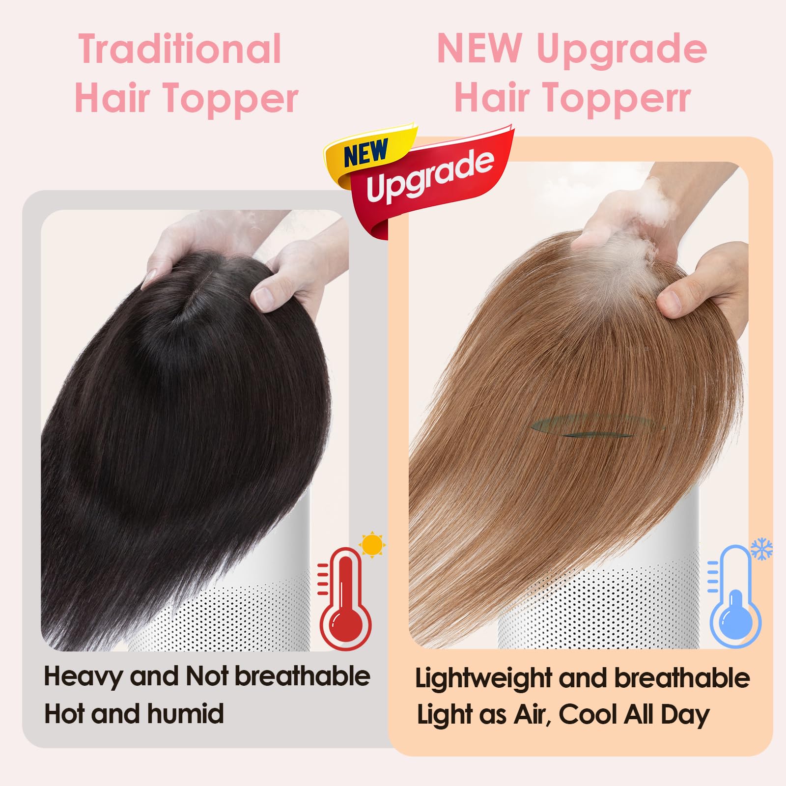 S-noilite Hair Toppers for Women Human Hair with Side Bangs - 7x11cm Hand-stitched Base 360° 3D Coverage Natural 14g (Light Brown #6) - Image 3