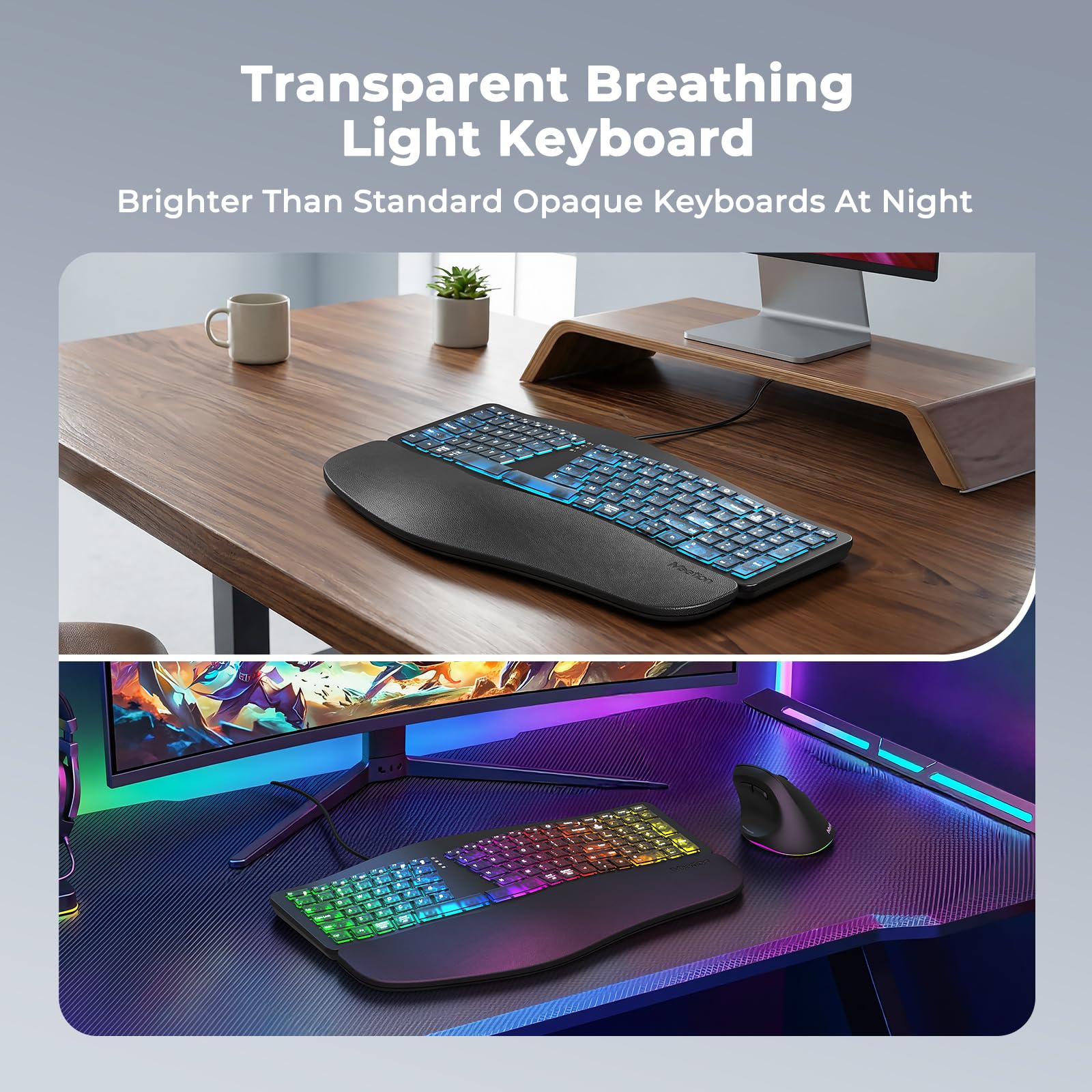 MEETION Tastiera ergonomica cablata, retroilluminazione trasparente a 7 colori, 4 luminosità, 1 retroilluminazione RGB respiratoria, cuscino poggiapolsi, adattatore USB-A/USB-C, tastiera Ergo per
