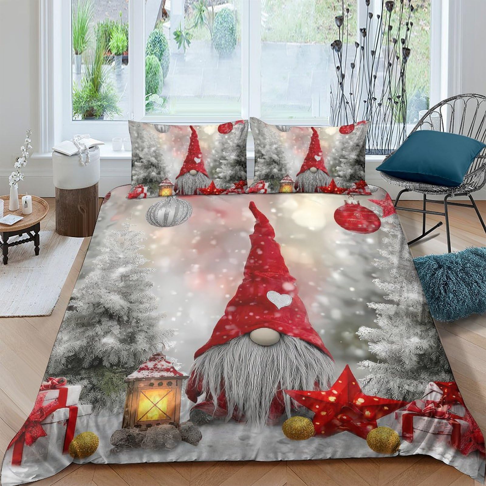 Ctjqhvkz Style-8 3D Printed Christmas Gnome Fitted Sheet Microfiber Soft Red Lantern Snow Forest Bed Cover For Bedroom Guest Room Decor Single（135X200cm）
