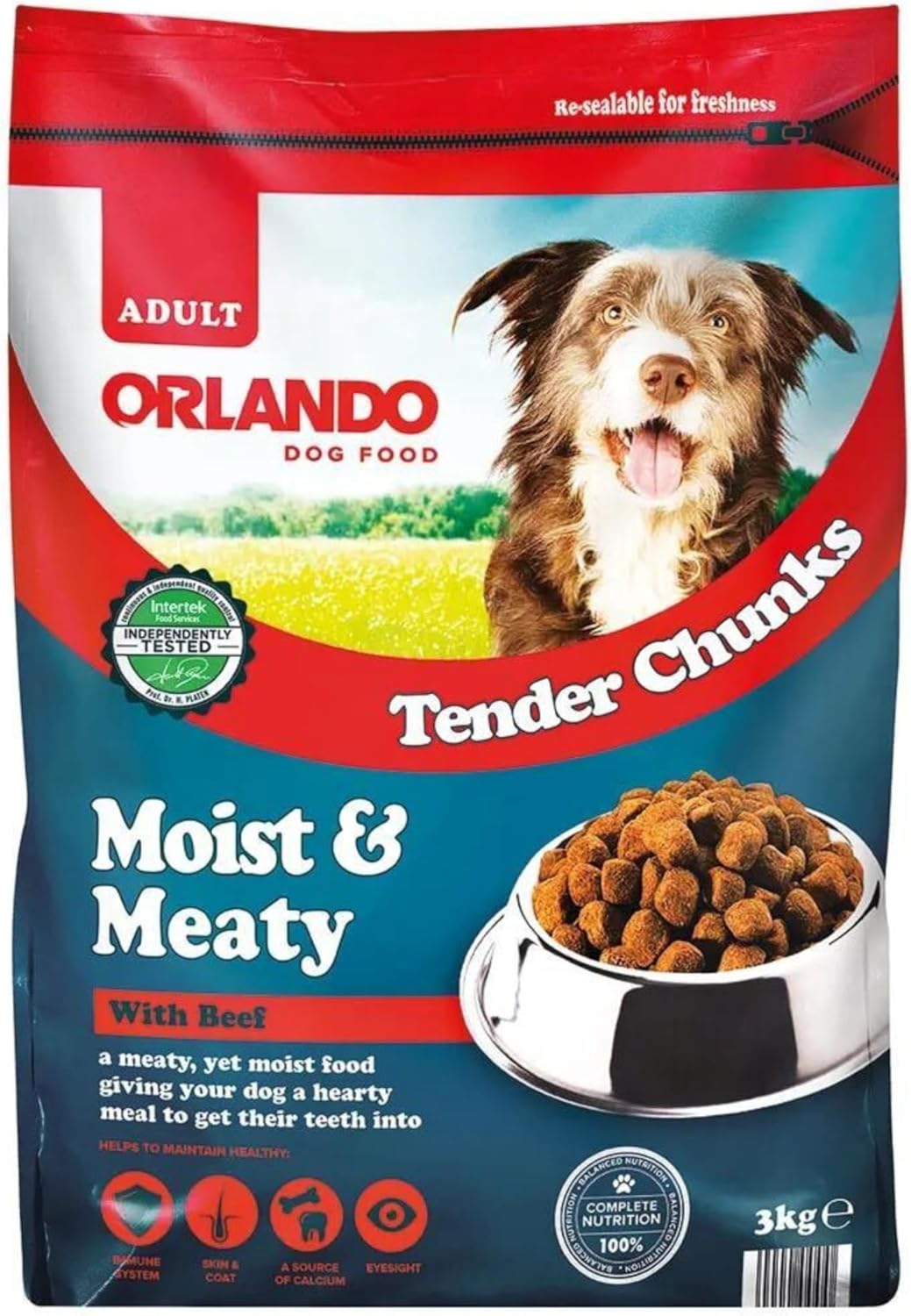 Orlando Moist & Meaty Complete Dog Food – 3kg | Tender Chunks | Adult Dog Dry & Moist Mix | 100% Complete Nutrition (3kg, Beef)