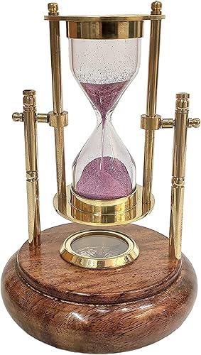 Miniatura 1 de Crafts International - Temporizador de arena antiguo de latón con brújula en base de madera reloj de cristal de hora decoración temática náutica