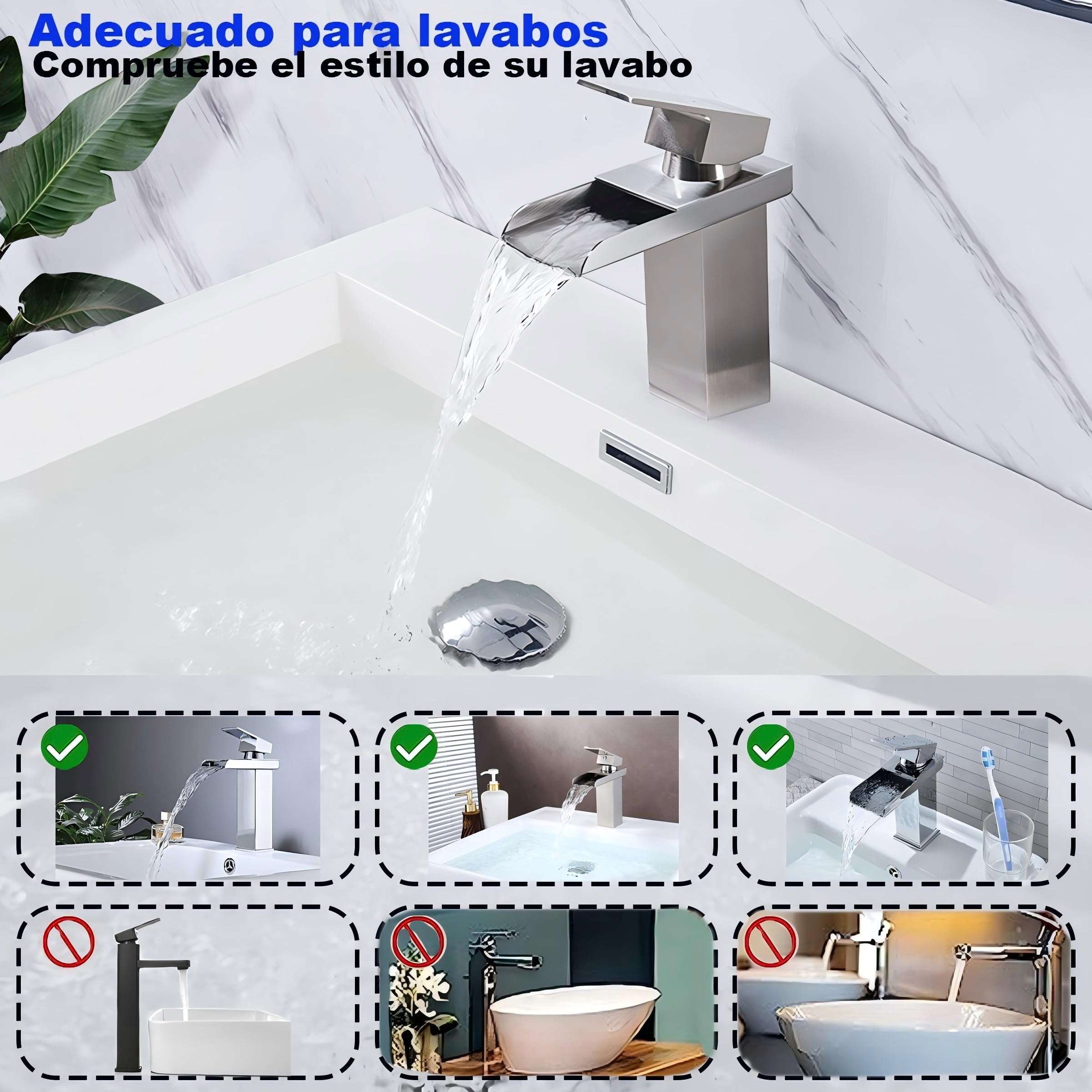 Grifo de baño de cascada de acero inoxidable y latón, ahorro de agua, grifo de lavabo con salida caliente y fría, grifo monomando (cepillado)