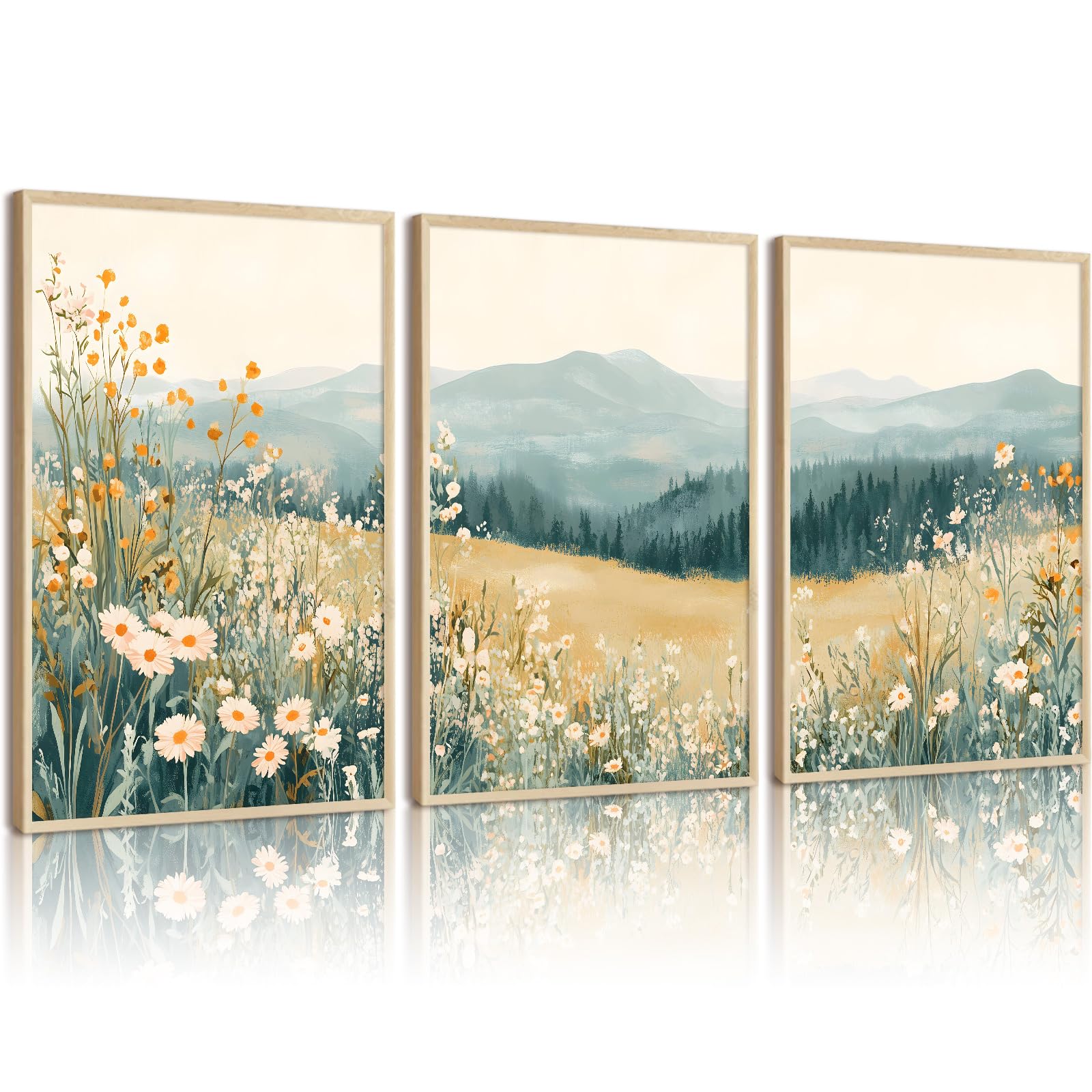 LMYSXAOZ 3Pcs Unframed Boho Mountain Flower Wall Art Green Daisy Landscape Canvas Decor Abstract Wildflower Prints Watercolor Floral Painting Pictures Nature for Living Room Bedroom 20x30inch