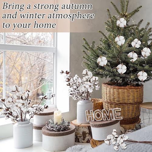 Miniatura 7 de 60 bolas de 60 bolas de algodón artificial, tallos de algodón antiguo, decoraciones de granja, jarrón de otoño falso, decoración de plantas secas