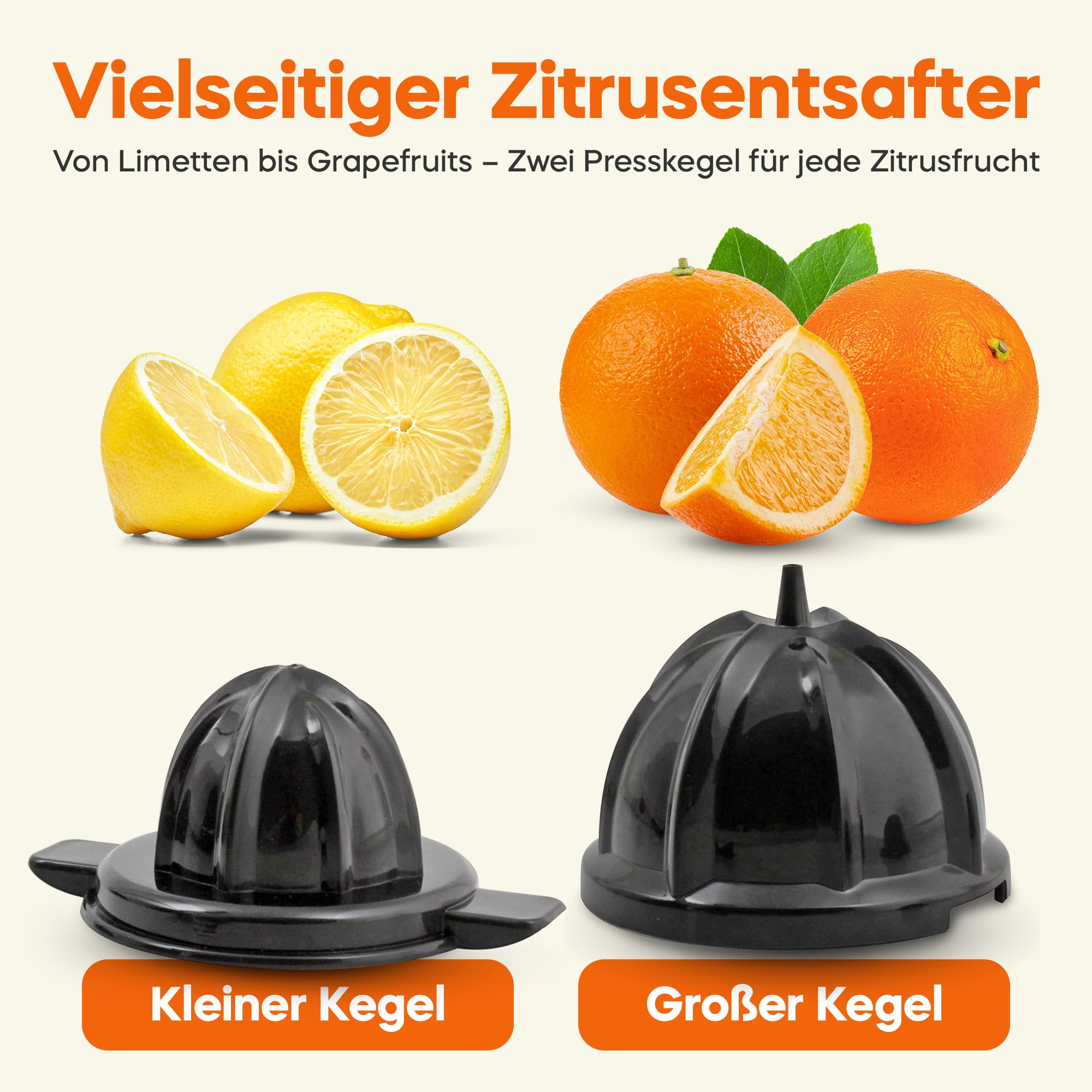 Rohnson Saftpresse Elektrisch R-465 – 1000W Orangenpresse Elektrisch mit Edelstahl-Filter, Ergonomischem Griff, Zwei Presskegeln, Anti-Tropf Ausguss, Spülmaschinenfest, Zitronen- & Zitruspresse