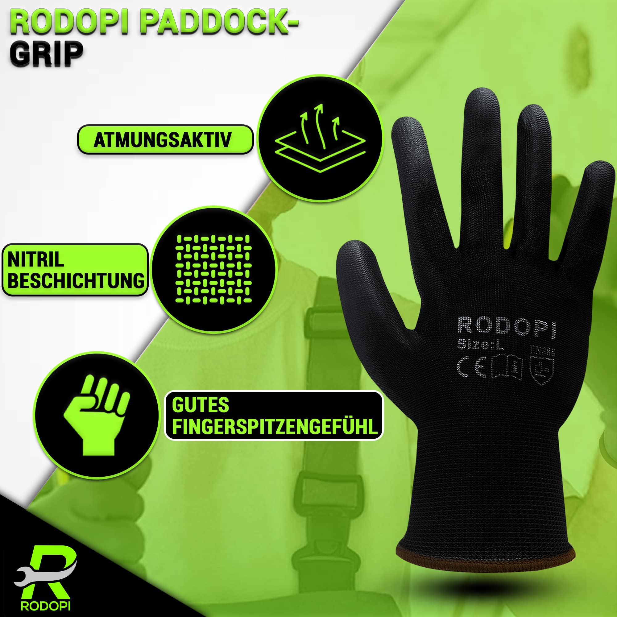 RODOPI PADDOCK-Grip Arbeitshandschuhe für Herren und Damen Nitril beschichtet Montagehandschuhe Nitrilhandschuhe Mechaniker Handschuhe Ölresistent