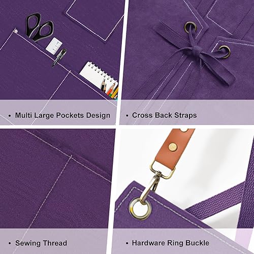 Miniatura 3 de Delantal de chef para hombres y mujeres, delantales de lona con 3 bolsillos traseros cruzados, delantal de trabajo resistente para cocinar