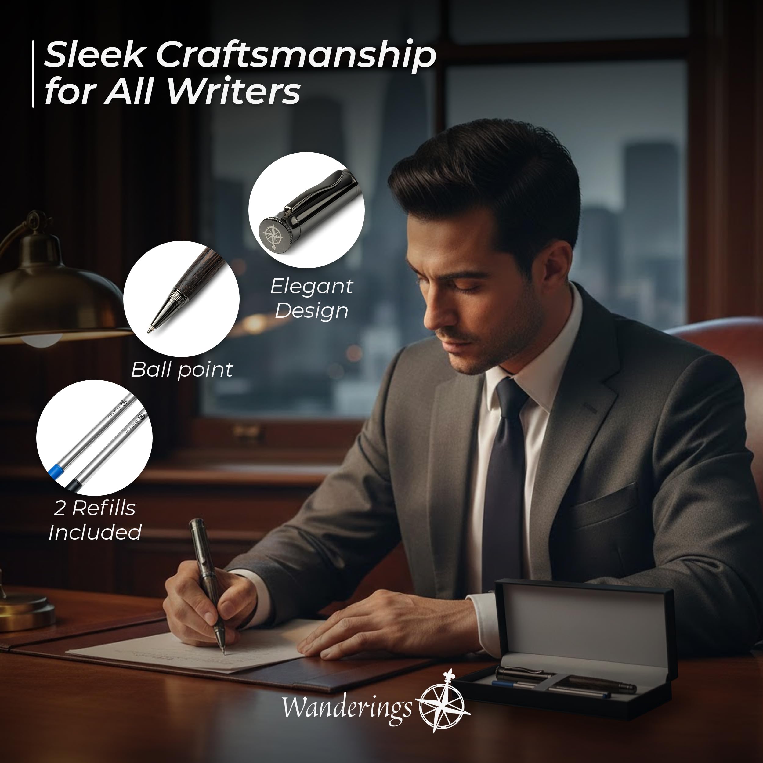 WANDERINGS Ballpoint Pen with German Ink Beautifully Balanced for a Smooth Writing Experience - Light Brown and Real Wood Barrel - Includes 2 Refills in a Presentation Case - Image 3