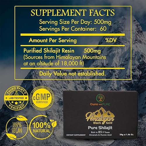 Miniatura 5 de Cure wid Pure Shilajit del Himalaya para hombres y mujeres  94.5% de resina de ácido fúlvico, 500 mg 60 porciones  Adaptógeno orgánico probado en