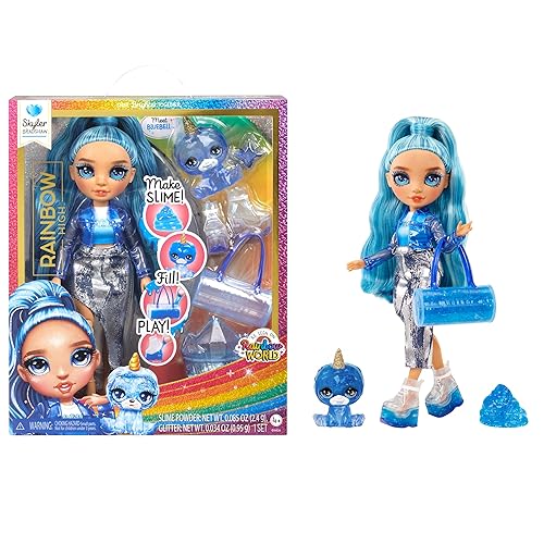 Rainbow High Skyler, Azul con Kit de Slime & Mascota, Muñeca de Moda Posable de 11" con Slime Brillante DIY, Mascota Yeti Mágica, Accesorios de Juguetes Divertidos. Gran Regalo para Niñas de 4-12 Años