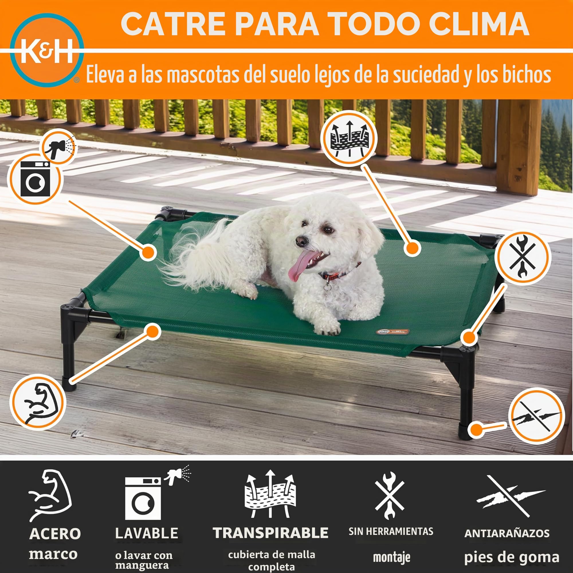 K&H Pet Products Cama Elevada para Perros al Aire Libre - Enfriamiento con Malla Transpirable Lavable para Perros Medianos, Portátil de Plataforma para Mascotas