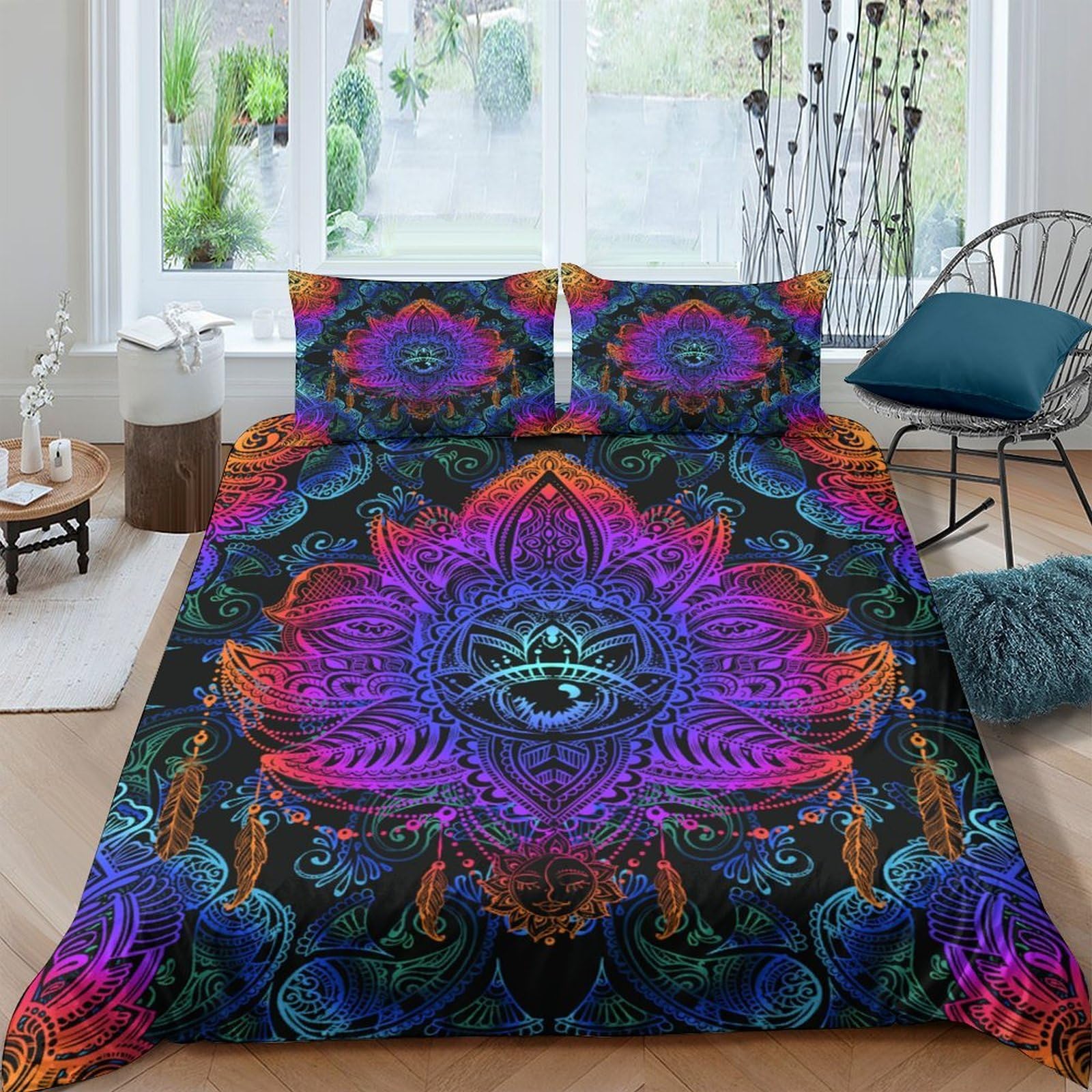 Ctjqhvkz Style-7 3D Printed Psychedelic Mandala Fitted Sheet Microfiber Vibrant Abstract Mattress Cover Anti-Slip Washable Bedroom Decor Single（135X200cm）