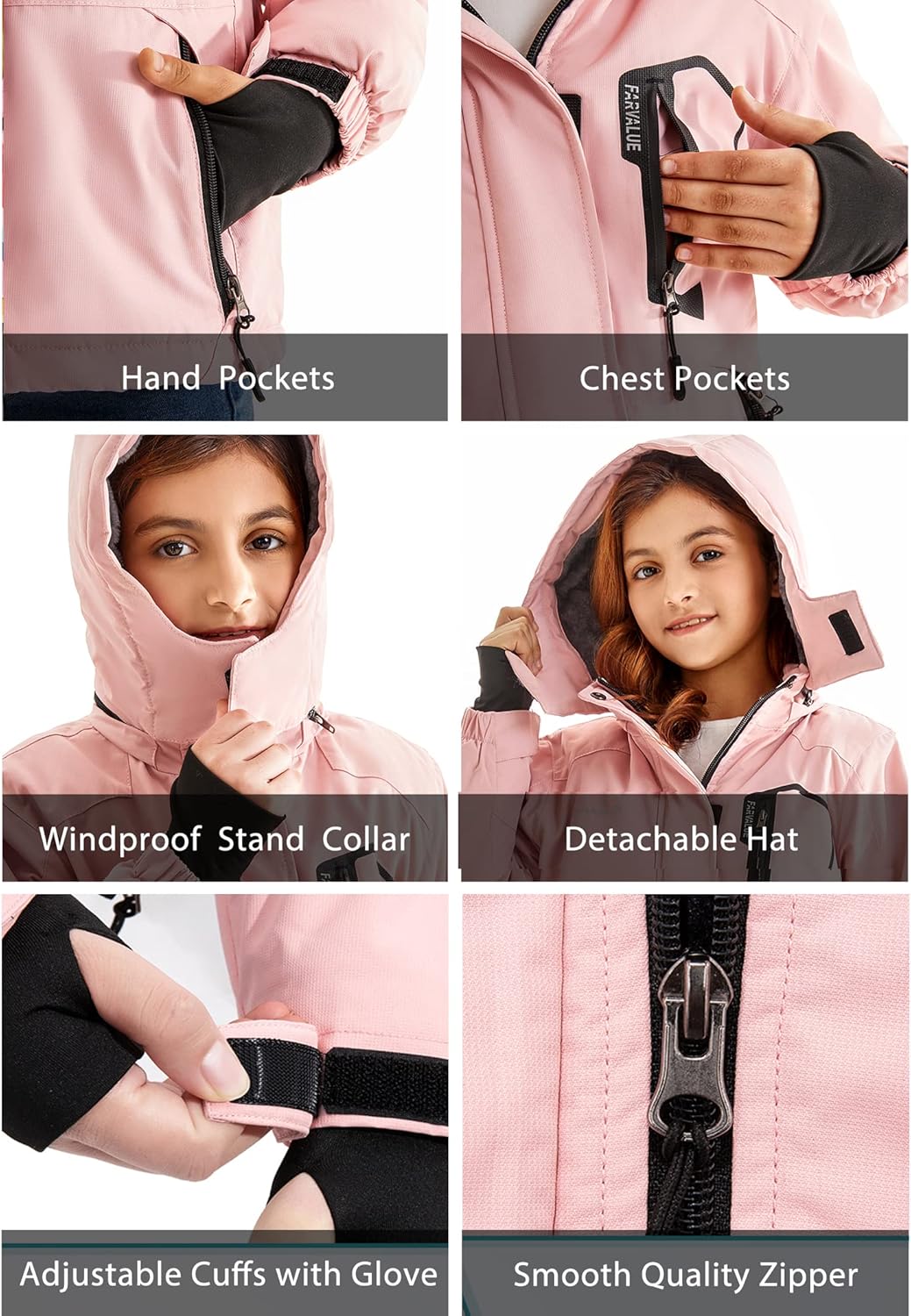 FARVALUE Girls Waterproof Skiing Jacket Windproof Winter Coat Warm Snow Coat with Removable Hood