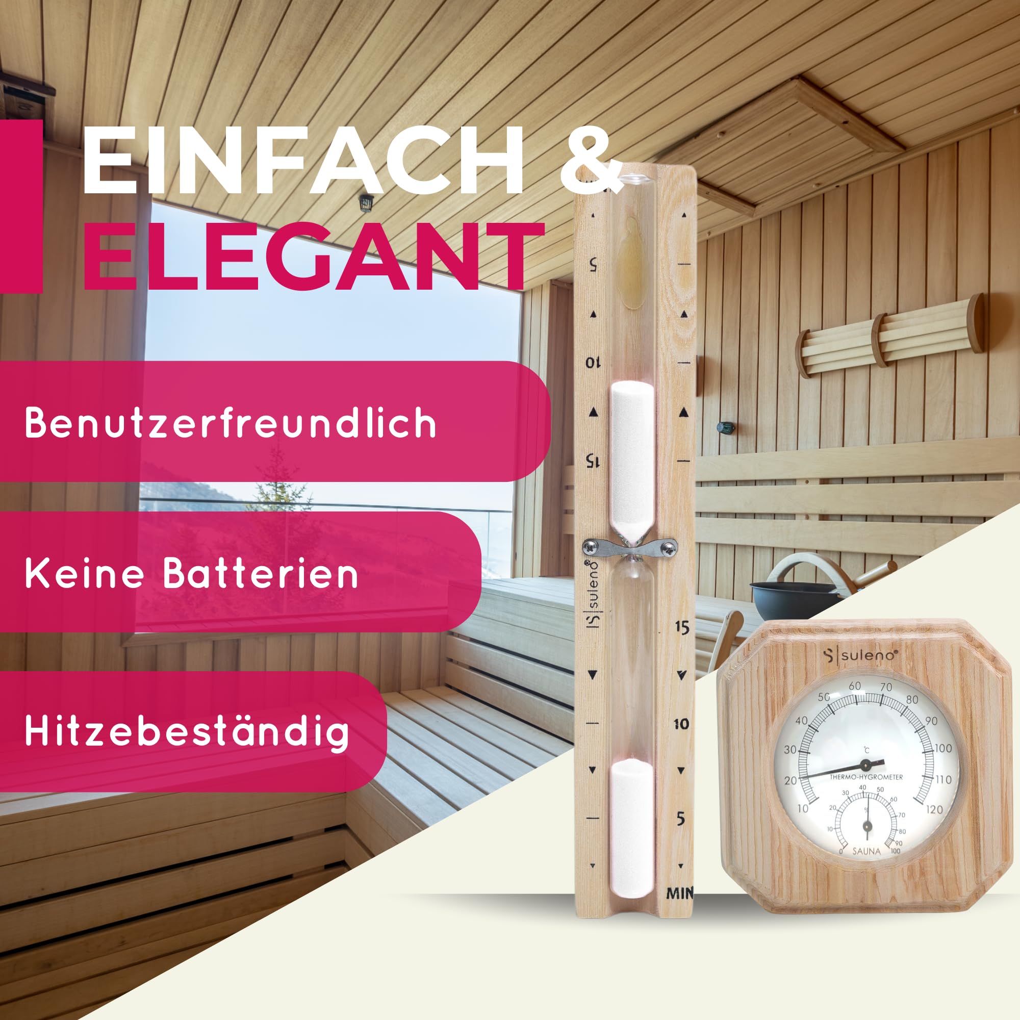 SULENO Saunazubehör Set ANNA, 2-teiliges Set mit Klimamesser, Sanduhr | Temperatur- und Luftfeuchtigkeitsmesser, Hitzebeständig, Wandmontage, Perfekt für Sauna und Wellness