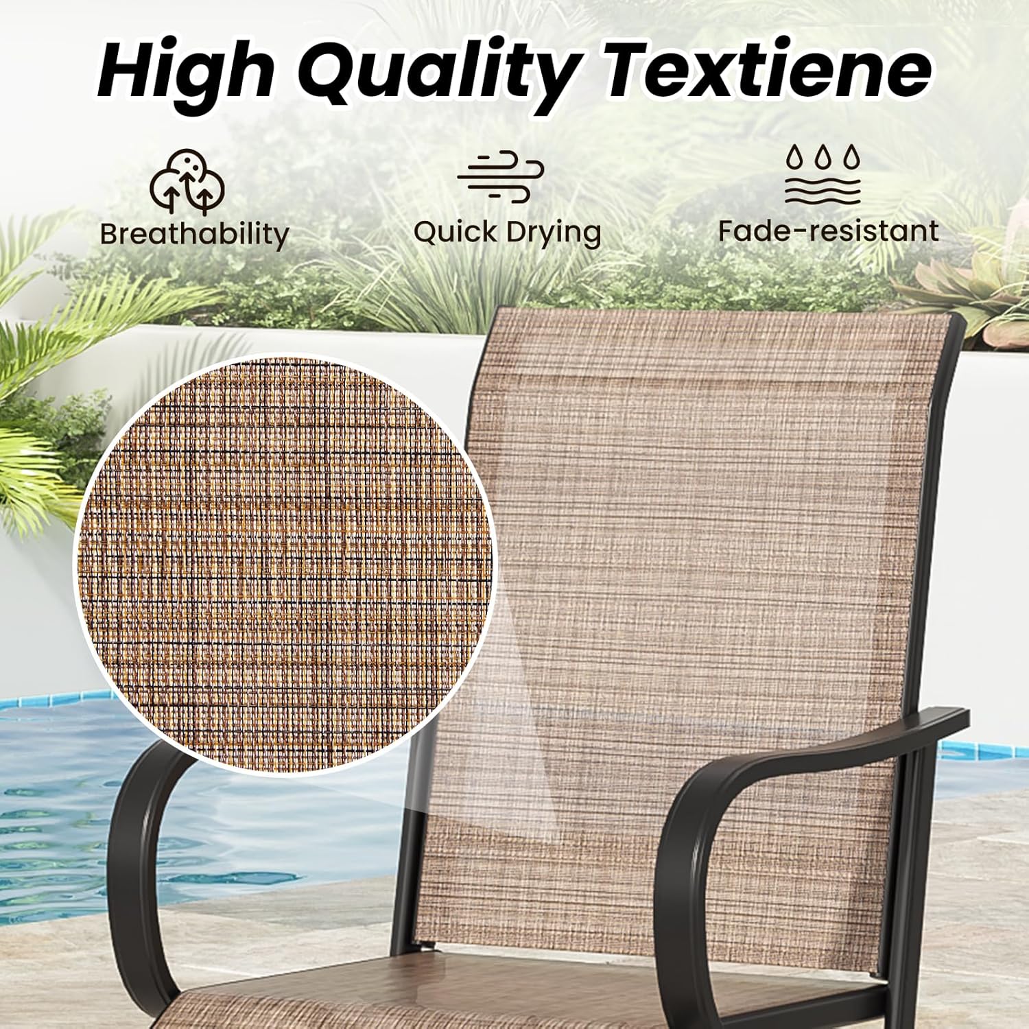 Patio Swivel Bar Stools Set of 4，All-Weather Outdoor High Bistro Stools with Textilene Fabric for Outside, Beach, Lawn, Poolside and Garden (Black/Brown)