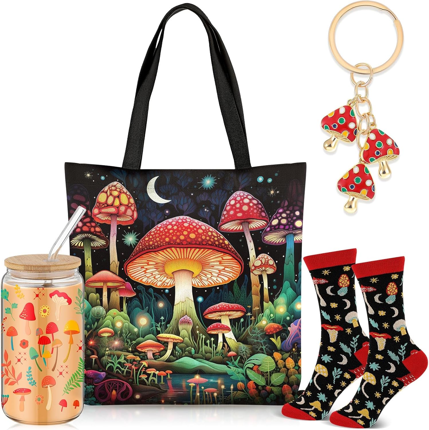 Paterr 4 Pcs Mushroom Gifts for Women Mushroom Lover Gift for Mother's Day Birthday Decorations, with Canvas Tote Bag 16oz Glass Coffee Cup with Straw Socks Cute Keychain