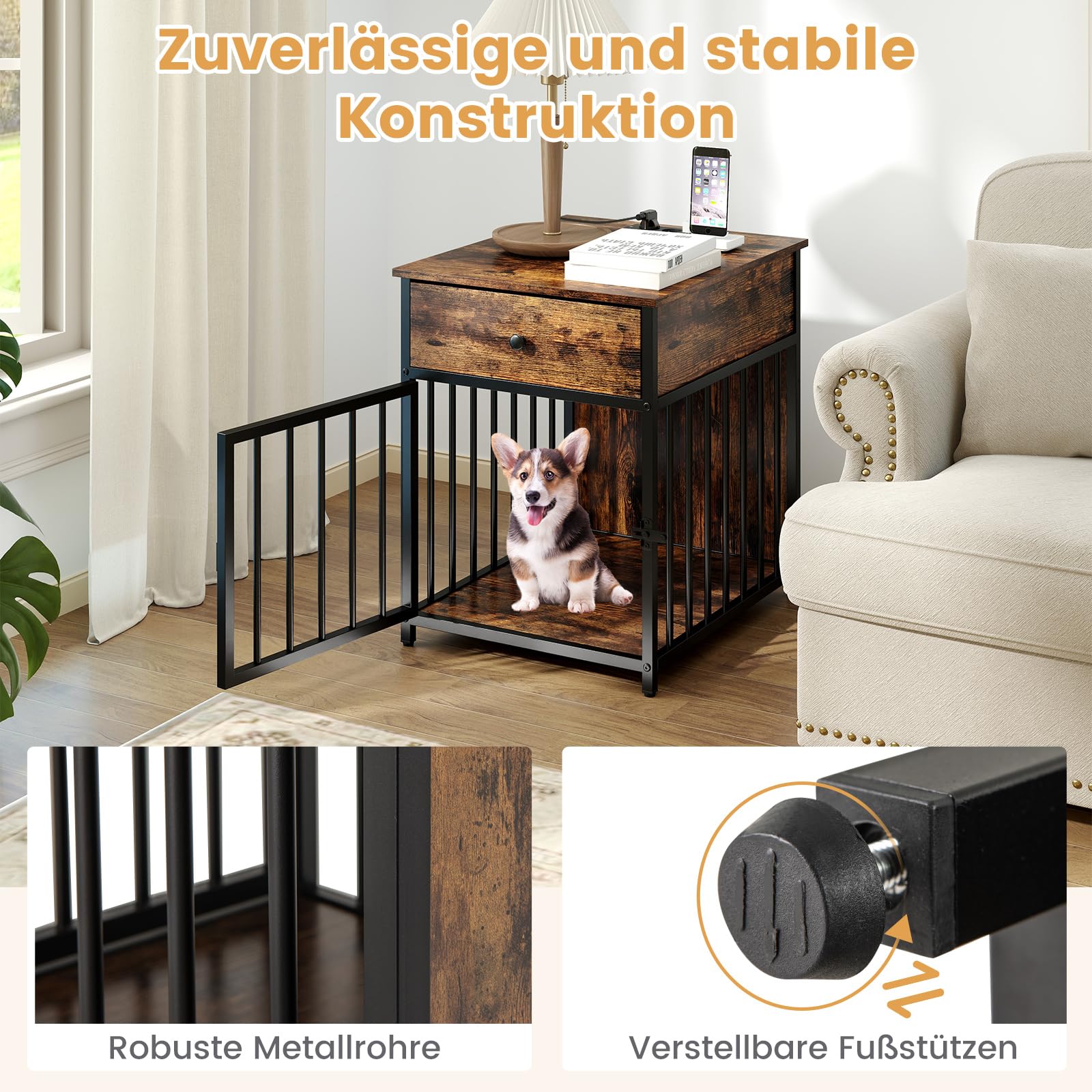 GOPLUS Hundekäfig Möbel, 60 cm Hundebox für zuhause, Hundehütte Metal für Haustiere mit Ladestation, abschließbare Tür, Indoor-Haus für kleine und mittelgroße Hunde, für Schlafzimmer & Badezimmer