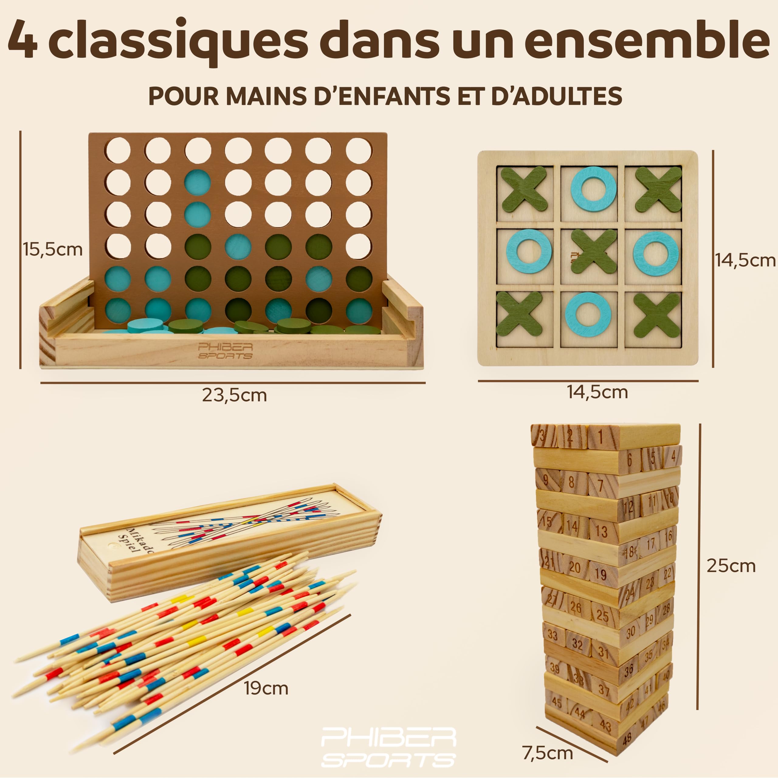 PHIBER-SPORTS Jeux en Bois 4-en-1 : Quatre-en-Ligne, Morpion, Mikado & Tour Instable – Collection Jeux Classiques Bois – Idée Cadeau Enfants & Adultes – Durable, Écologique & sans Plastique