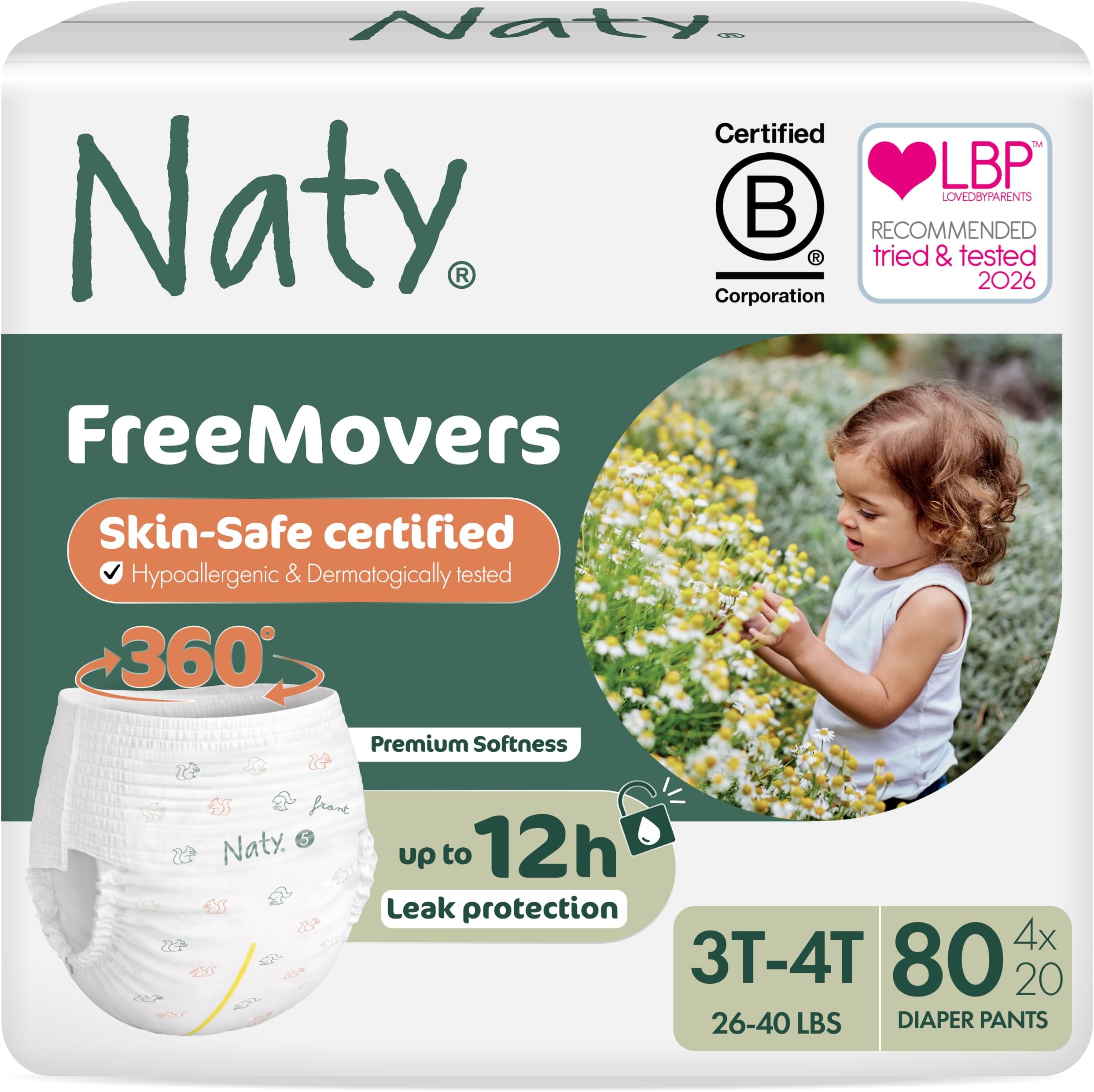 FreeMovers Pull Up Training Pants, Size 5, 3T-4T, (24–40 lbs), 80 Ct. | For Sensitive Skin, Hypoallergenic Potty Training Underwear, Up to 12 Hours Leak Protection, Fragrance-Free, Stretchy comfort