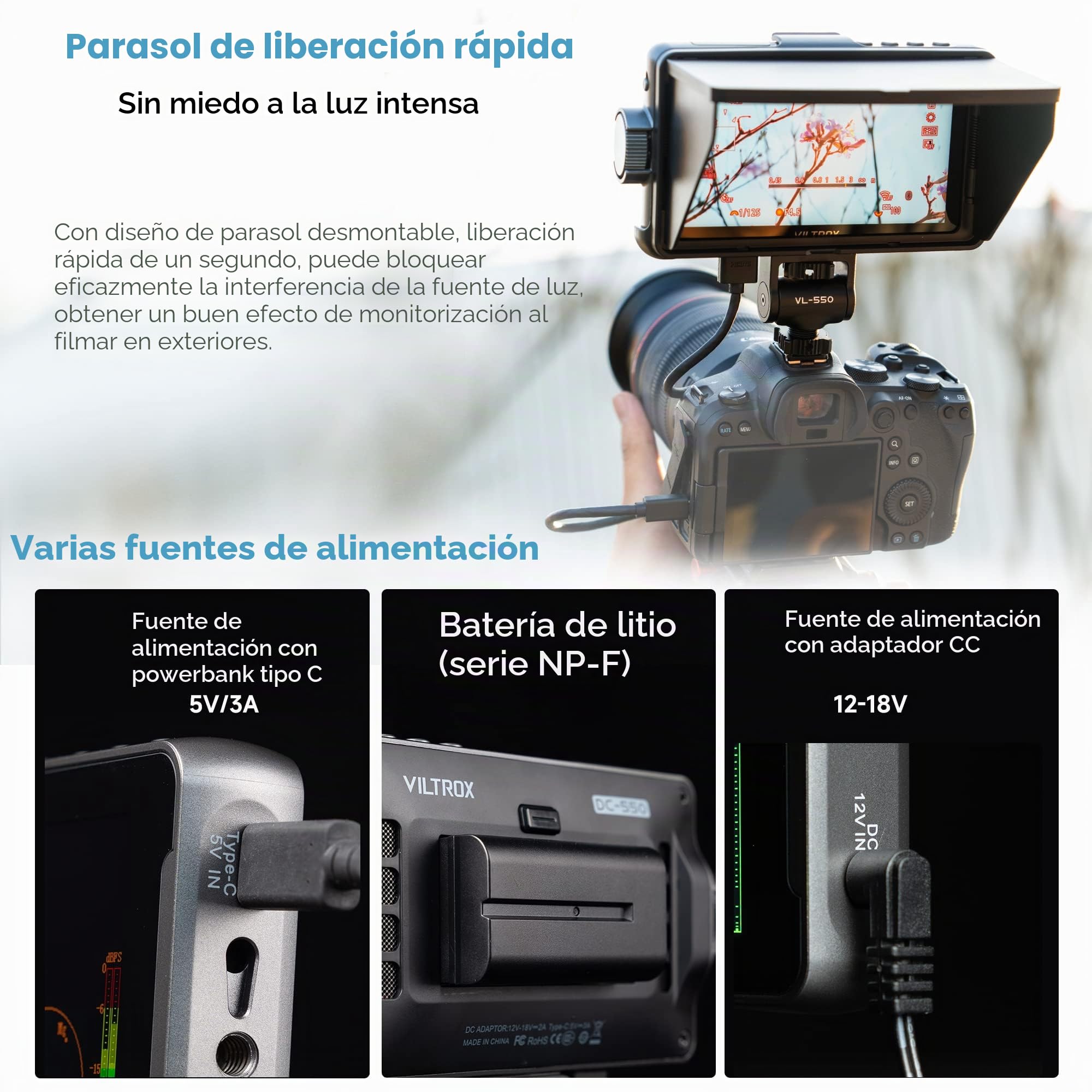 VILTROX DC-550 DSLR Monitor de cámara Pantalla táctil 5.5 Pulgadas 1200nits 1920x1080 HD 3D LUT 4K HDMI Entrada Salida Asistente de Enfoque de Video Monitor de cámara Externo con Parasol/batería