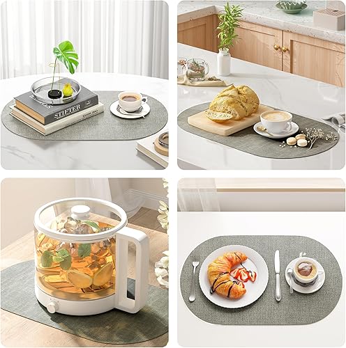 Miniatura 6 de DOLOPL Juego de 6 manteles individuales ovalados de piel sintética gris resistentes al calor, antideslizantes, manteles individuales lavables y