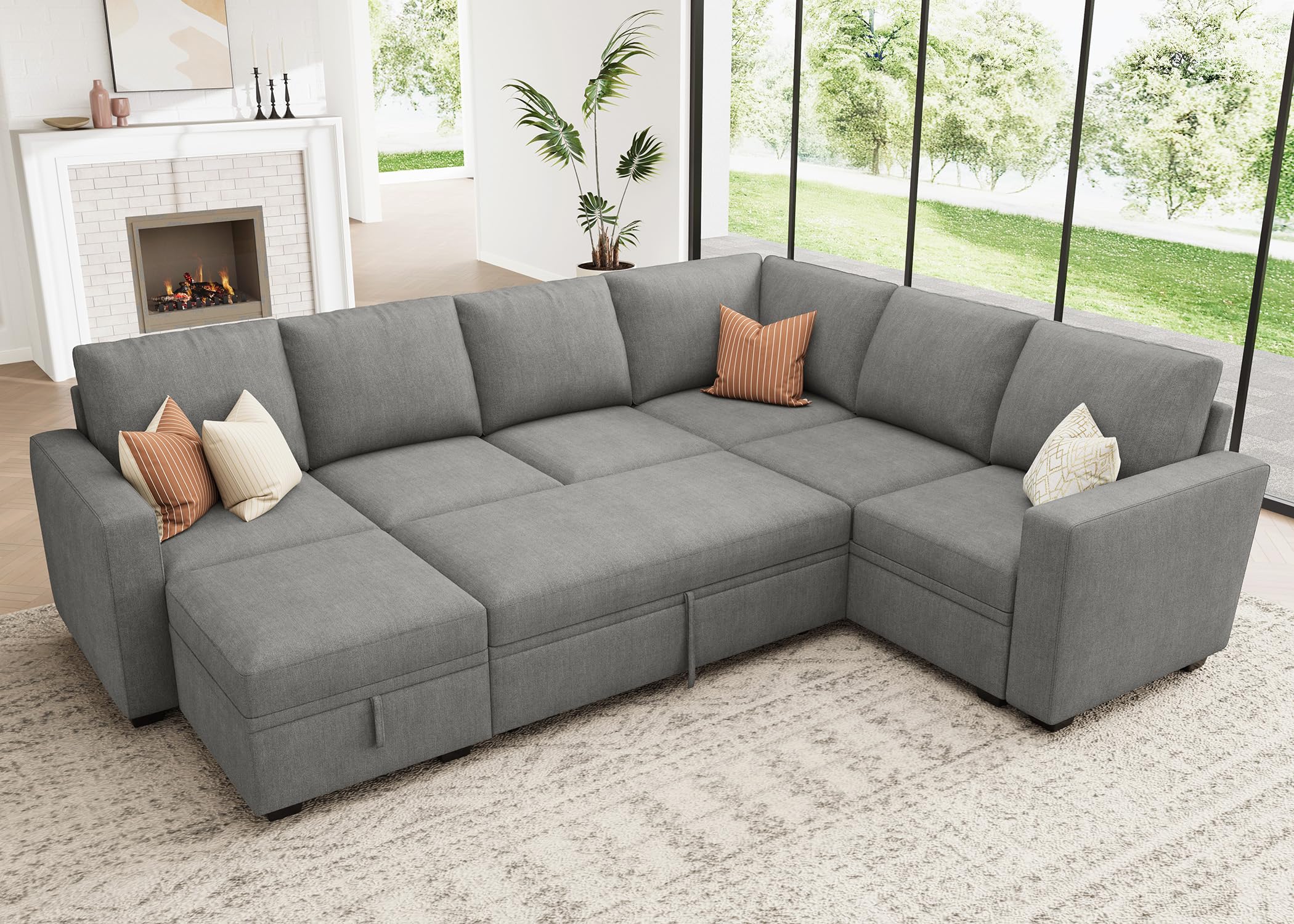 honbay modular sectional sleeper sofa with pull out bed, chenille sectional couch with storage seats ottoman, u shaped couches for living room, warm grey (incomplete pickup 2 boxes only )(similar model)