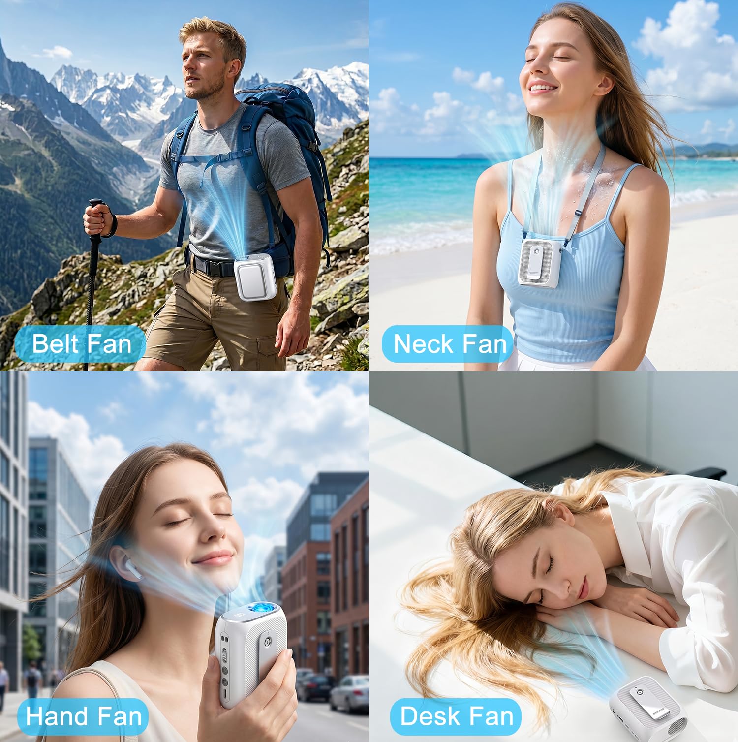 Ventilateur de Taille Portable avec Plaque de Refroidissement Glacée, Ventilateur Climatiseur Cou 20000TR/M Turbo, Ventilo Pince Ceinture 5000mAh Rechargeable 100 Vitesses pour Extérieur Voyage Bureau