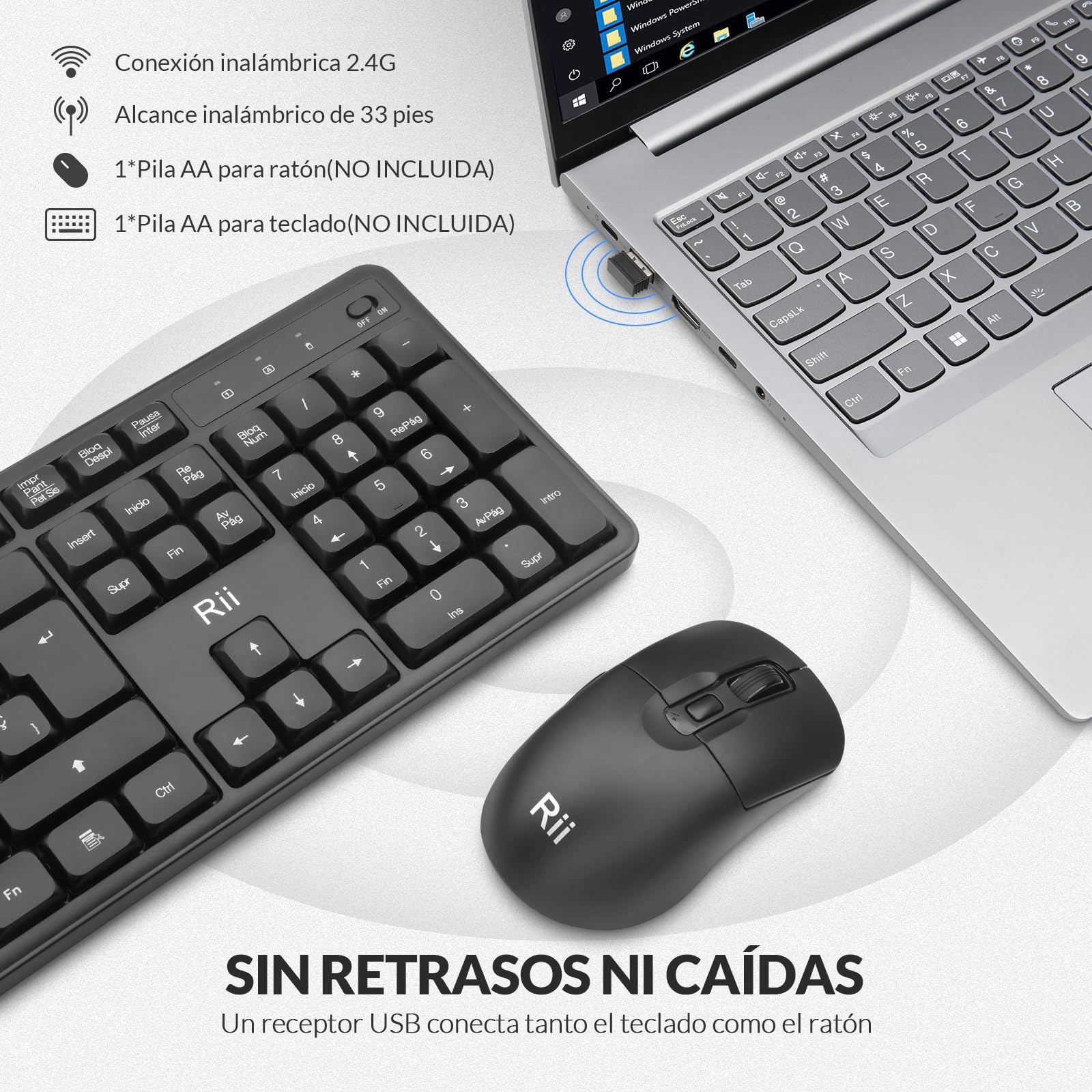 Rii RK209 Combo de Teclado y ratón Inalámbricos, Teclado y Ratón Silenciosos, con Receptor 2,4G(No Incluye Pilas)