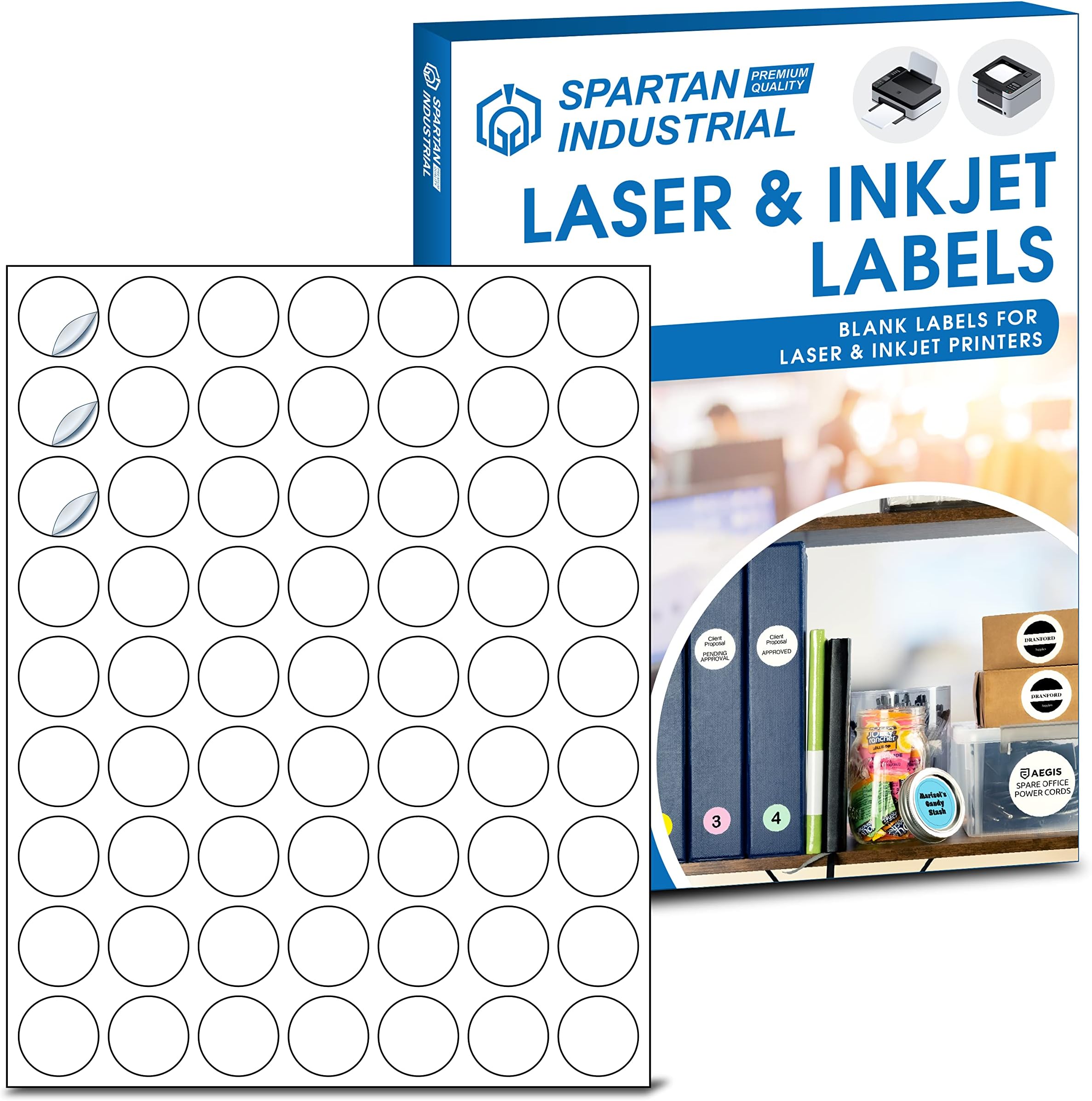 Spartan Industrial Printable Circle Laser Label - 1" - White, 250 Sheets, 63 Round Labels per Sheet | Multipurpose Label Ideal for Pricing, Product Labeling & More | Inkjet/Laser Printer