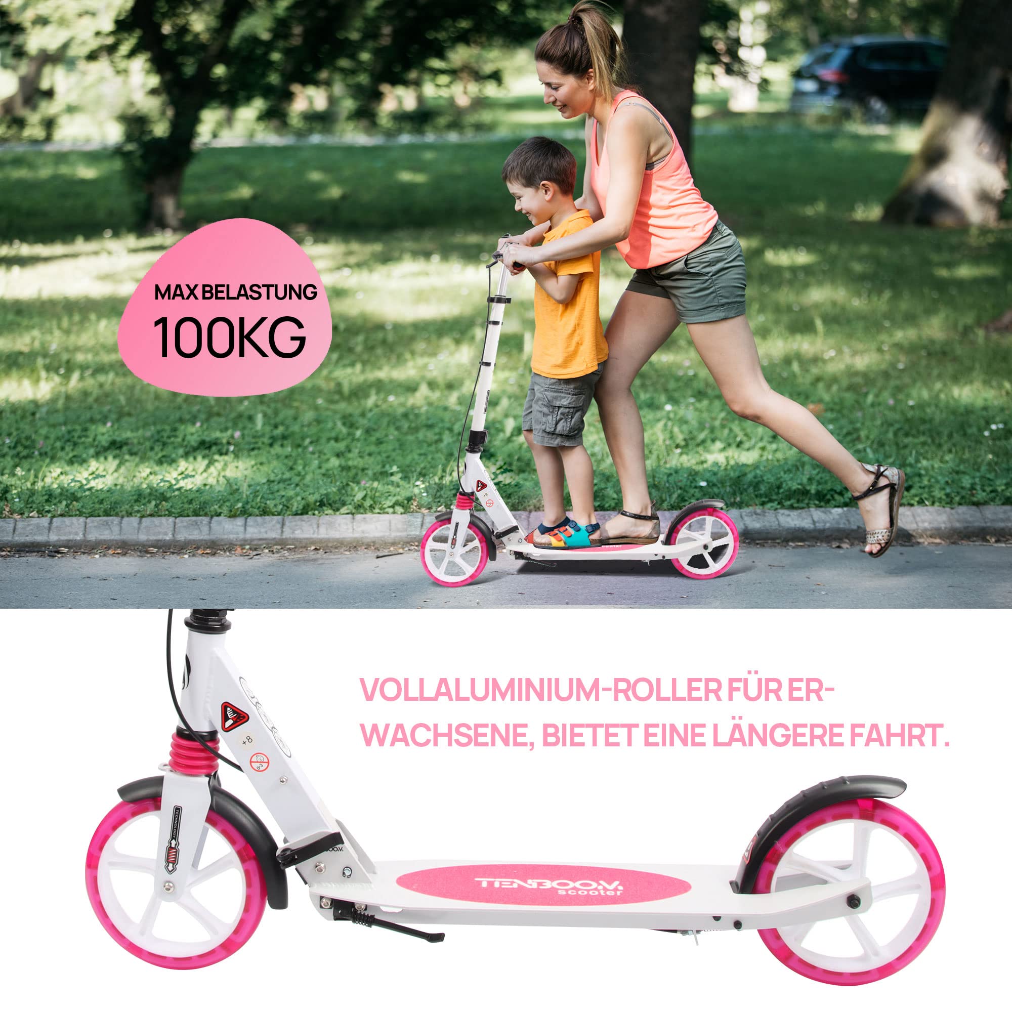 TENBOOM Ruedas de luz LED Patinete para Niños con Frenado de Mano y Frenado Trasero, Scooter para Adultos 2 Ruedas Luces, Patinete Infantil Plegable de Altura Ajustable, Regalo para Niños de 8-12años